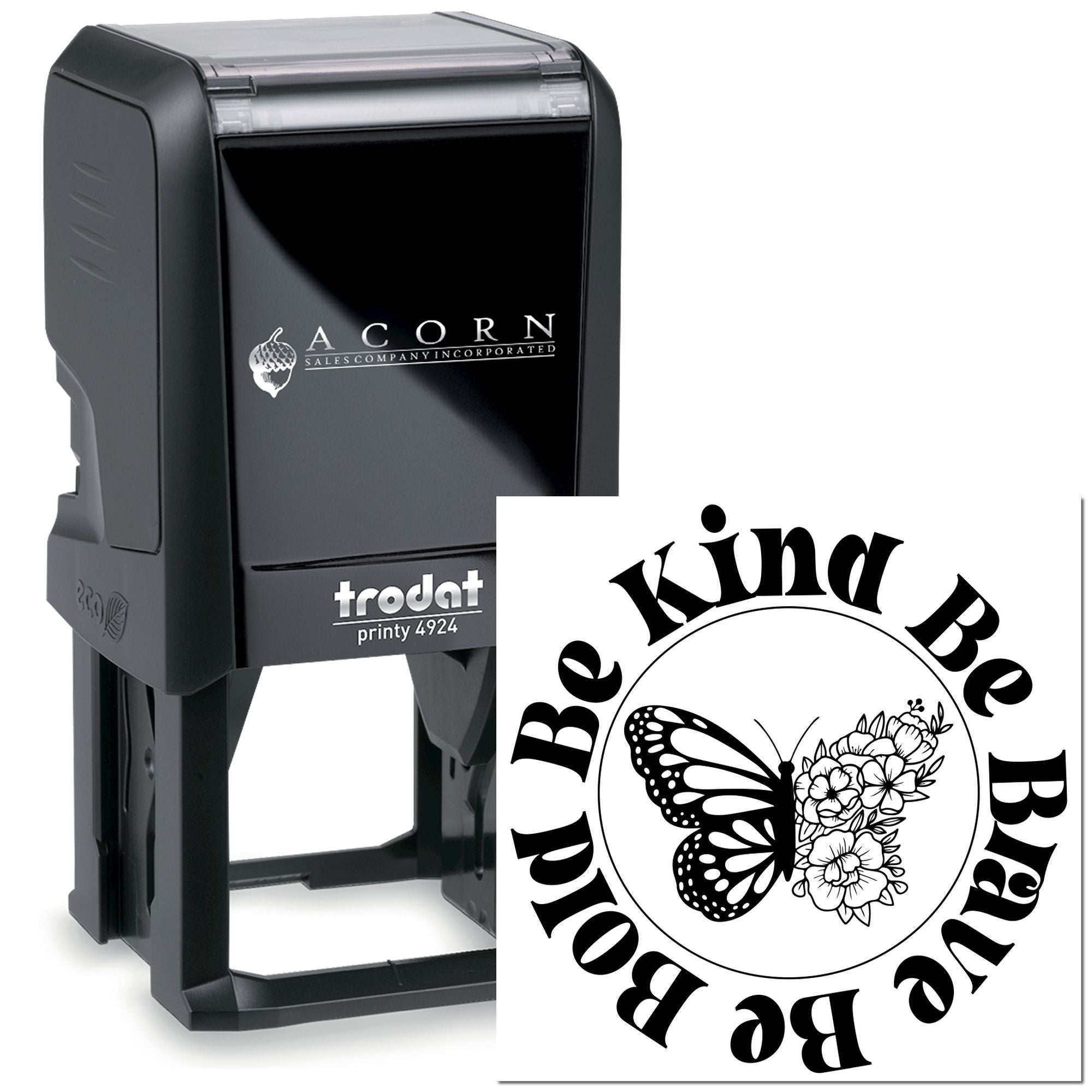 Custom self-inking rubber stamp with butterfly and floral Be Kind Be You design, Trodat Printy 4924 for personalized stamping