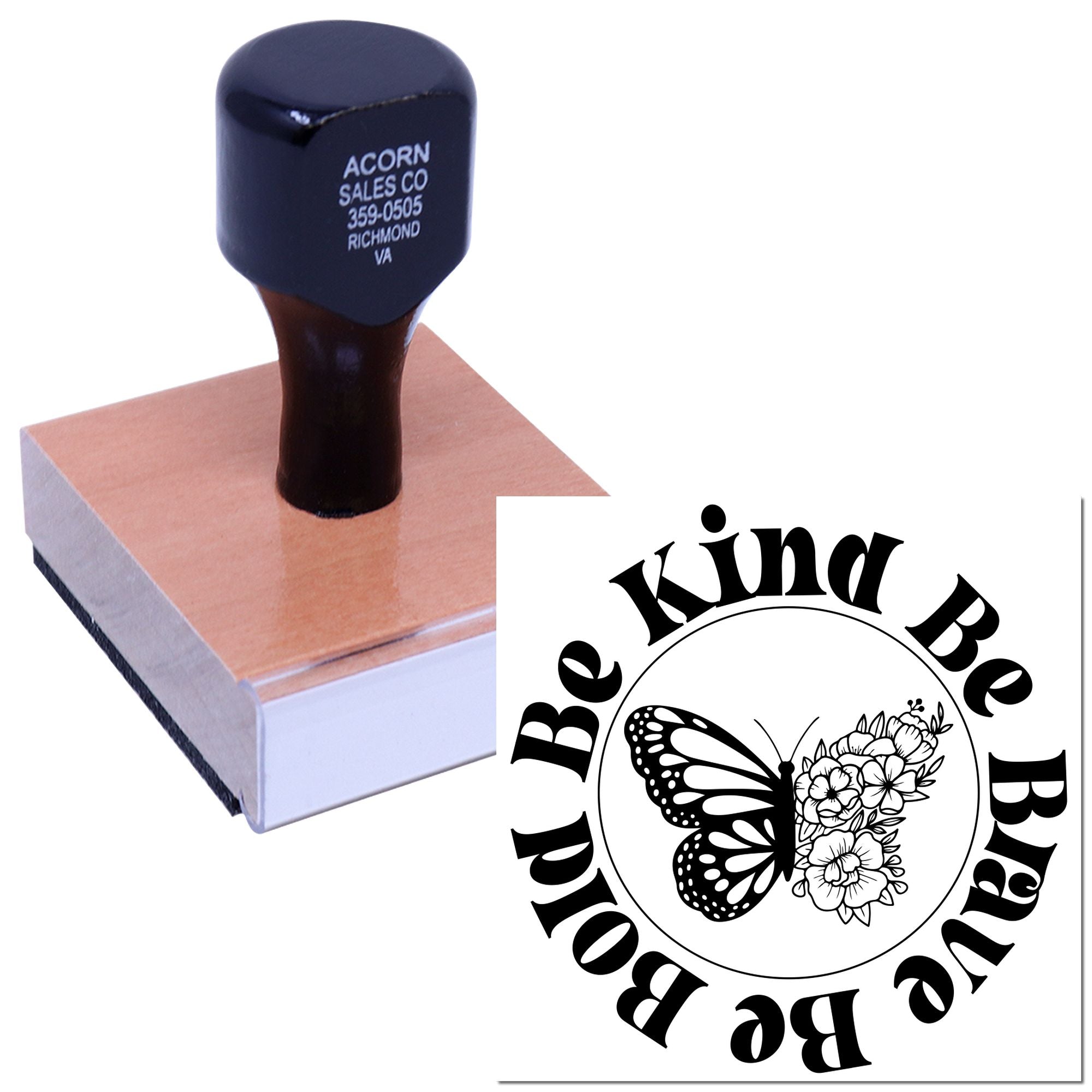 Custom logo rubber stamp with Be Kind Be Brave butterfly floral design for branding and craft packaging.
