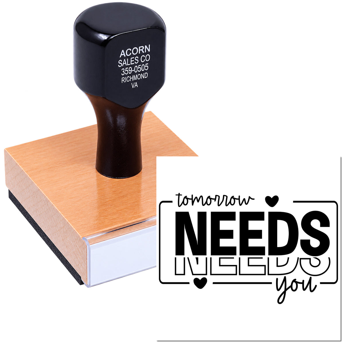 Custom rubber stamp with tomorrow needs you sentiment for handmade cards, journaling, and inspirational paper crafts.