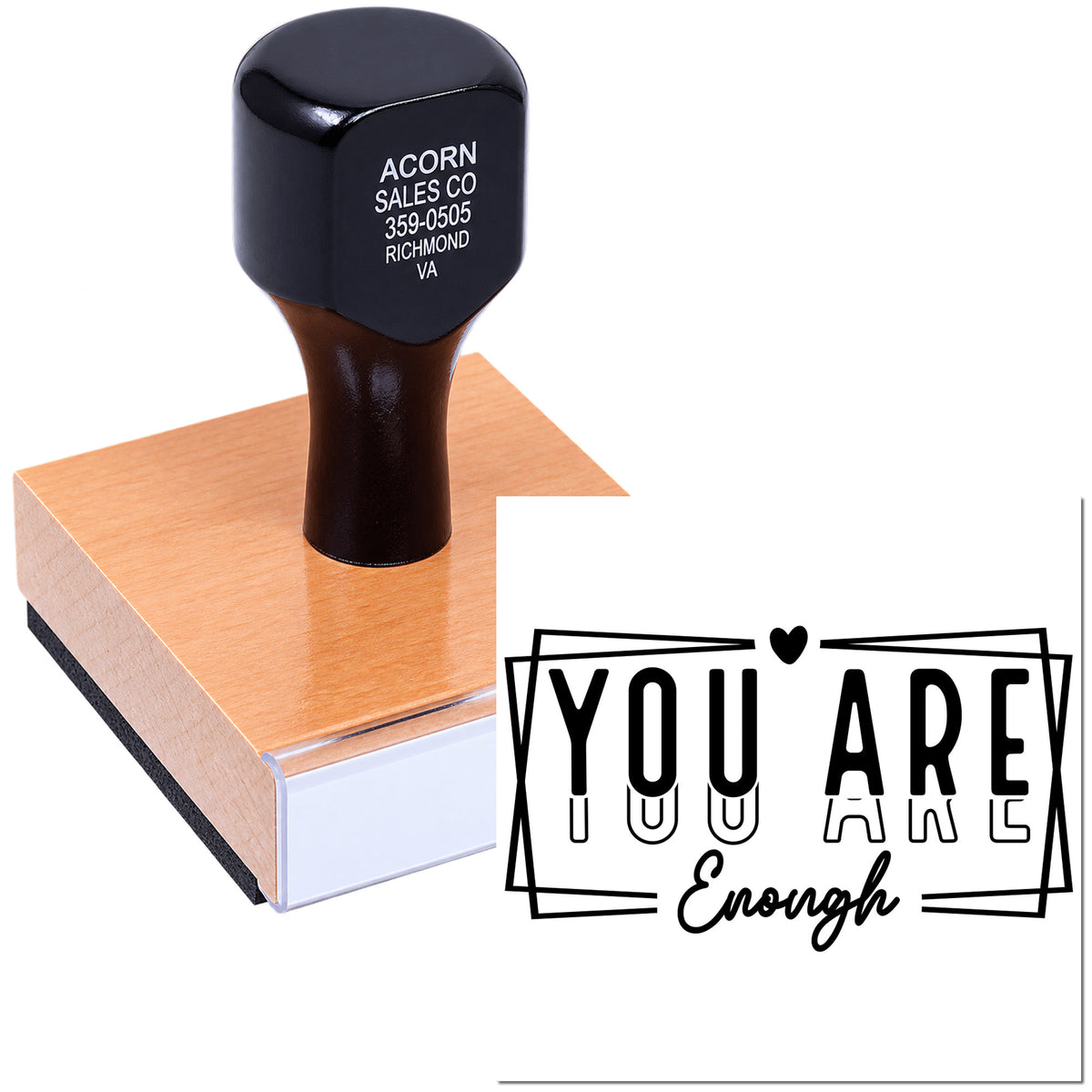 Custom rubber stamp with 'You Are Enough' inspirational design for cards, packaging, and handmade craft branding.