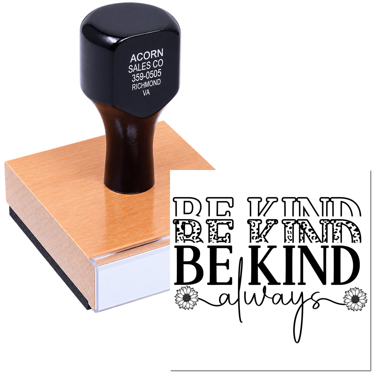 Custom rubber stamp displaying Be Kind Always, ideal for personalized crafts, gifts, and branded stationery.