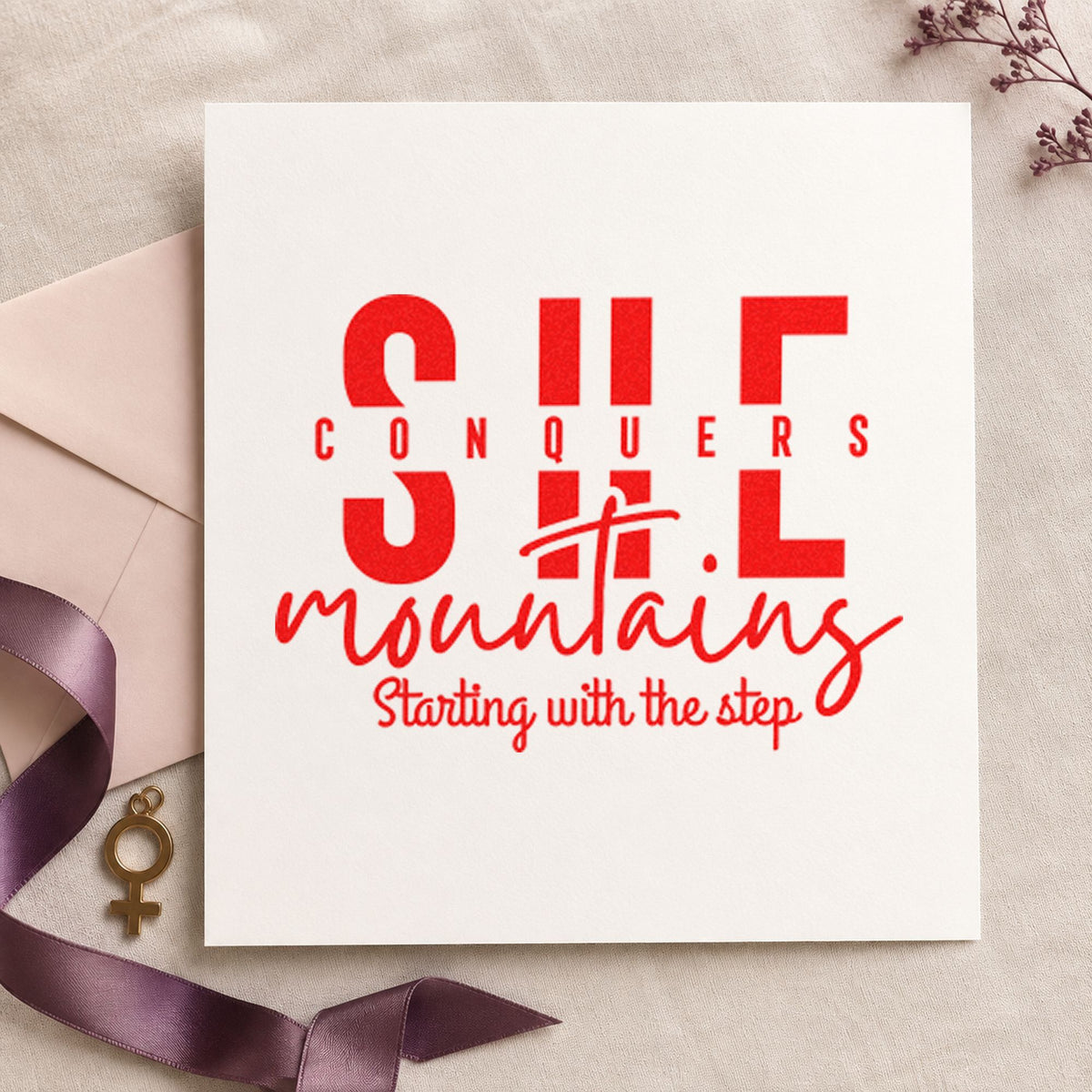 She Conquers Mountains Step craft stamp imprint in red ink on a handmade project, one idea being trail brief cards.