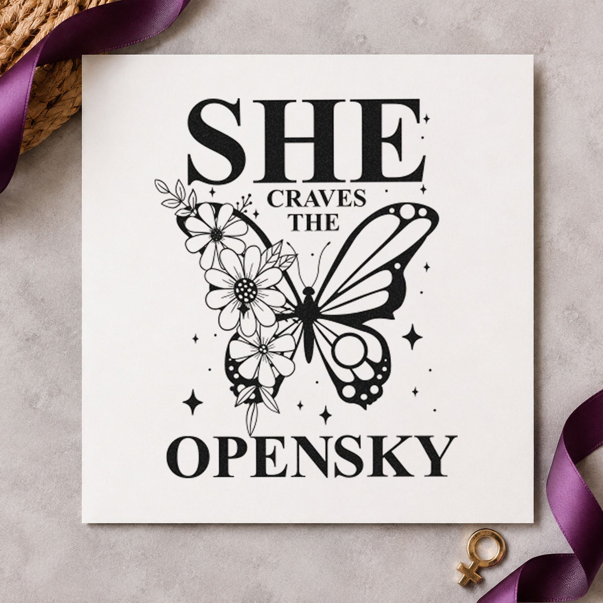 She Craves The Open Sky craft stamp imprint in black ink on a handmade project, one idea being harness gift tags.