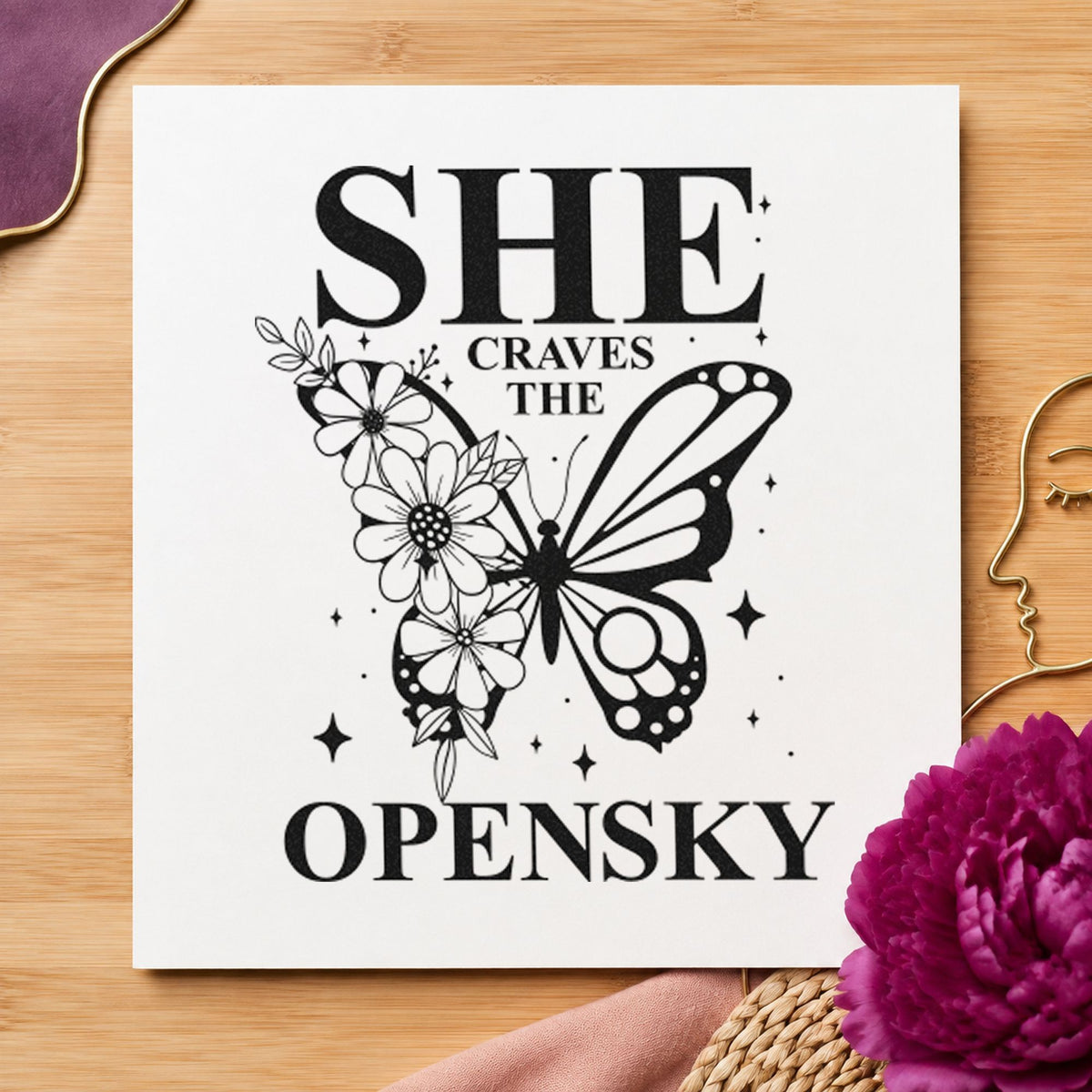 She Craves The Open Sky rubber stamp printed in black ink, ready for flight hour sheet and similar paper crafts.