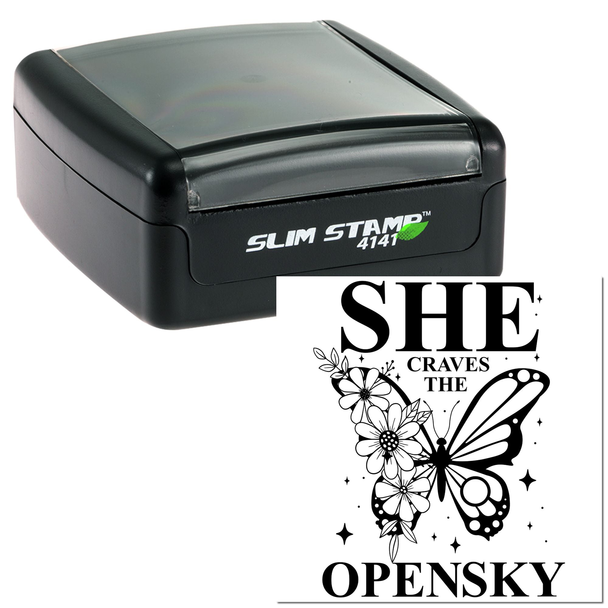 Self-inking rubber stamp with She Craves the Open Sky butterfly floral design for custom craft stamping.