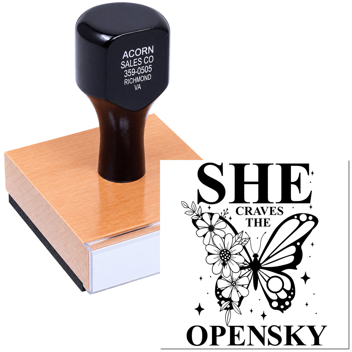 Custom rubber stamp with butterfly floral quote design, stamping She Craves the Open Sky for crafts and branding.