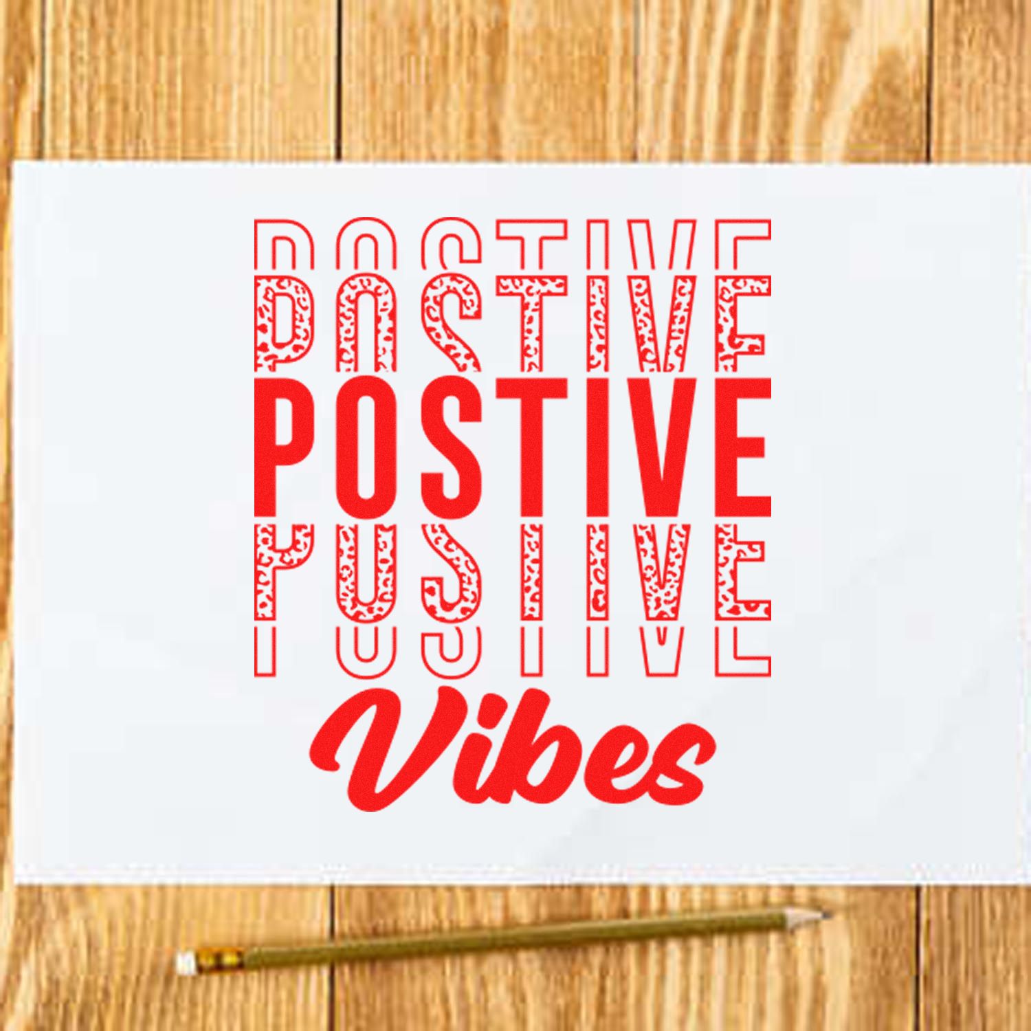 Positive vibes rubber stamp design with bold red typography, ideal for uplifting cards, packaging, and stationery.