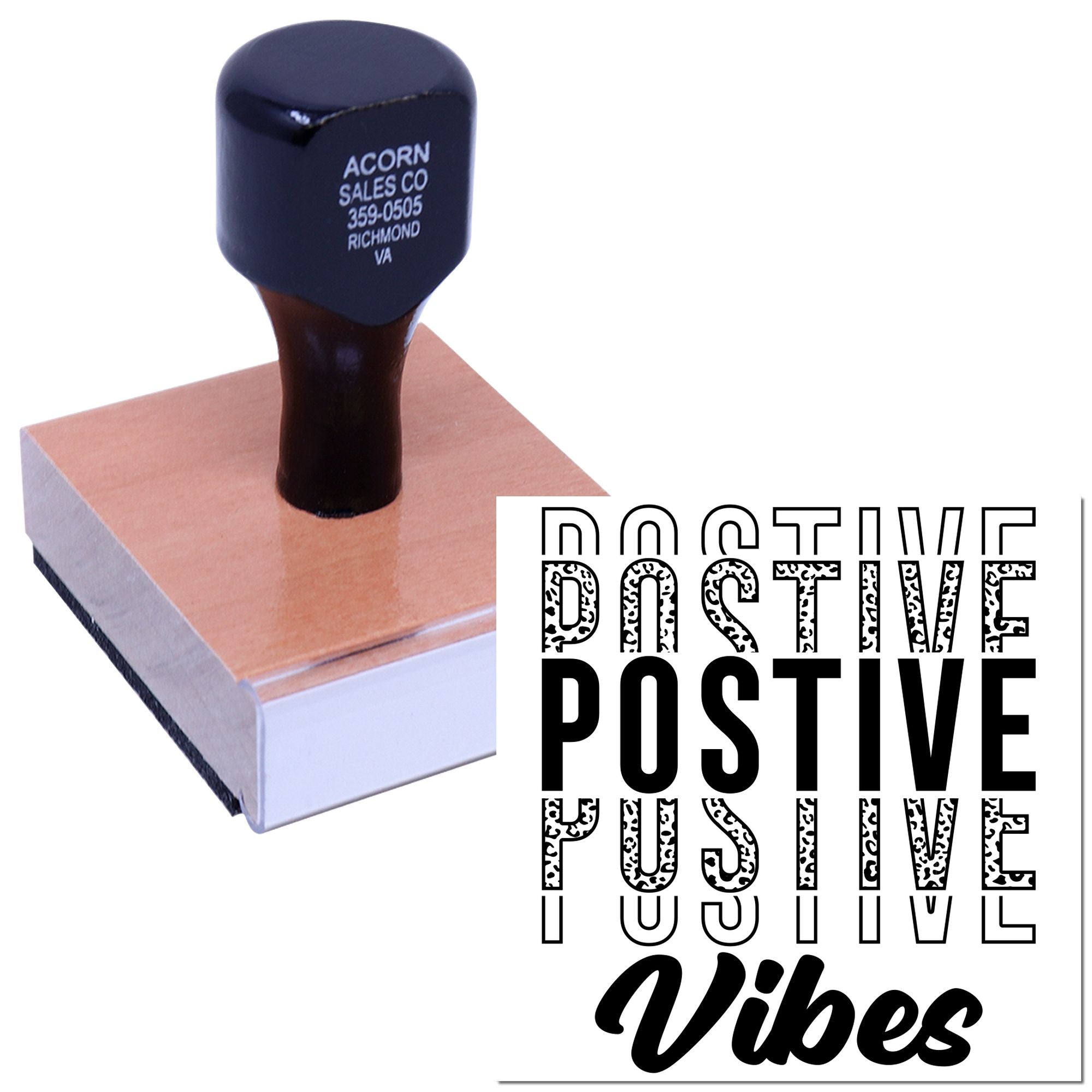 Positive Vibes rubber stamp for custom branding, crafting, and uplifting packaging designs.