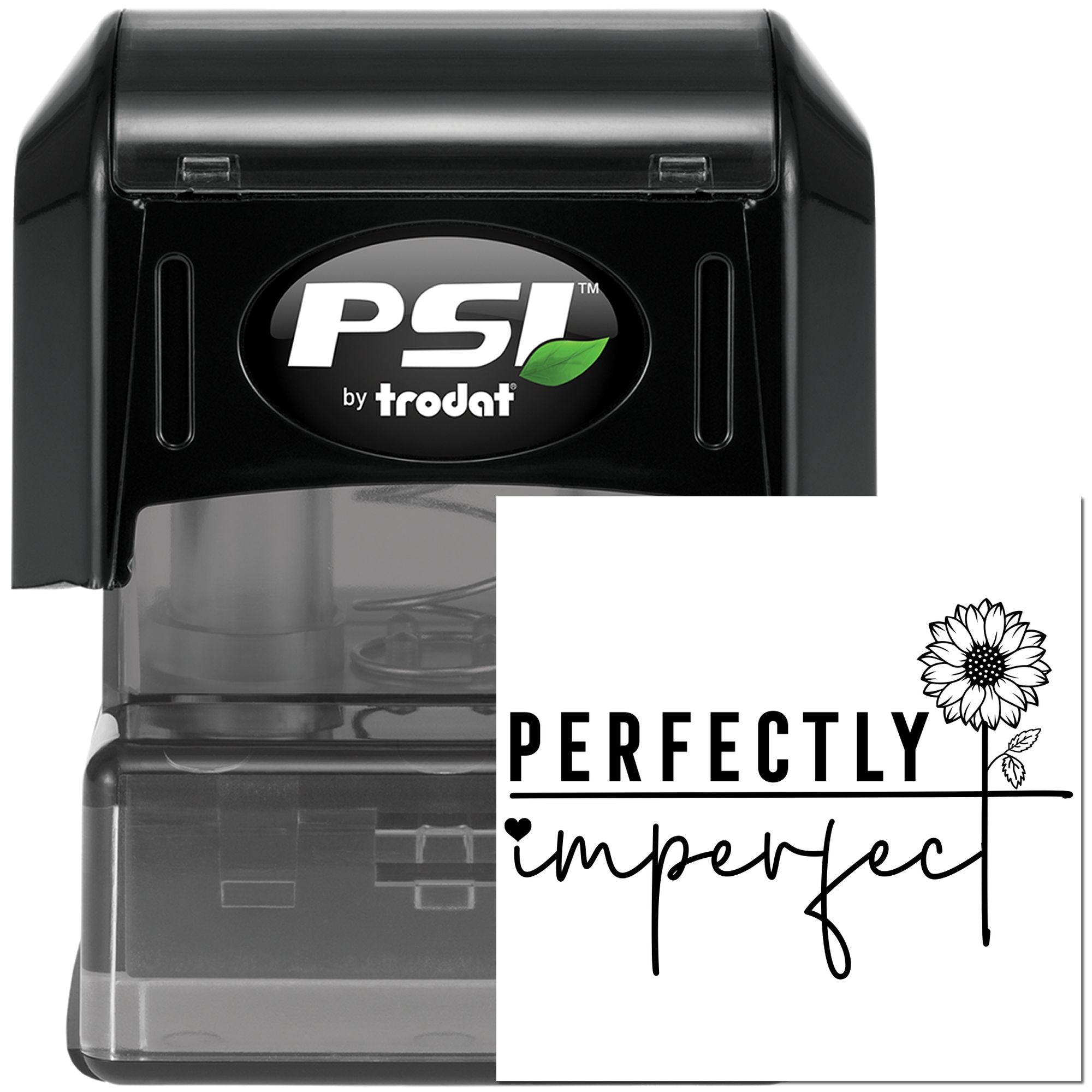 PSI by Trodat self-inking rubber stamp featuring a custom Perfectly Imperfect floral logo.