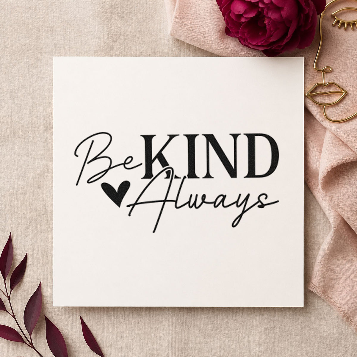 Be Kind Always Heart craft stamp in black ink on cardstock, an easy option for pickup album page.