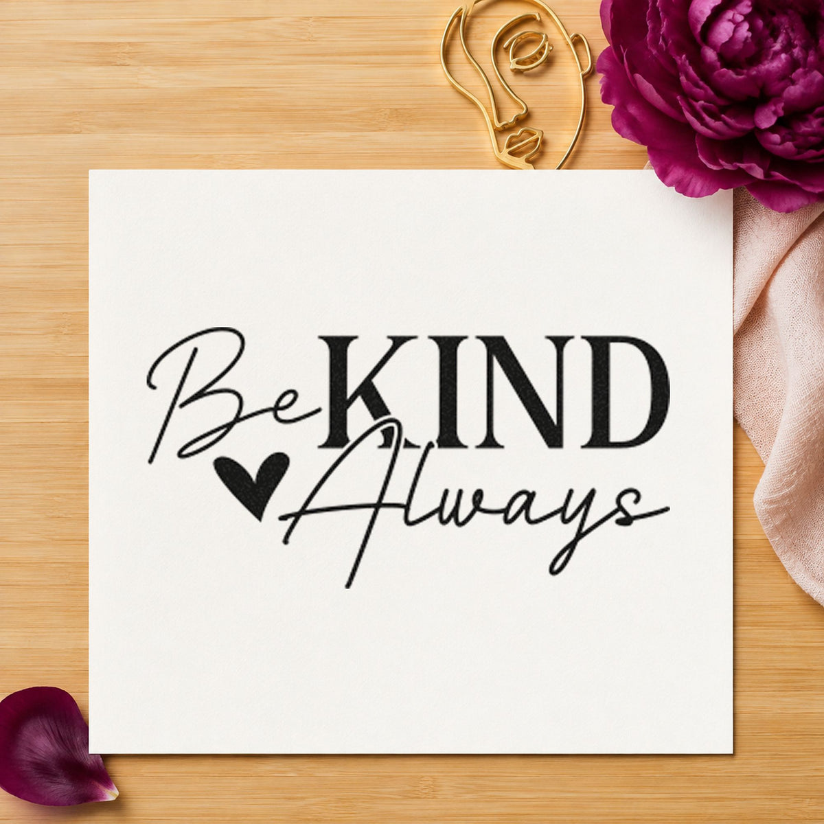 Be Kind Always Heart craft stamp imprint in black ink on a handmade project, one idea being carpool gift tags.