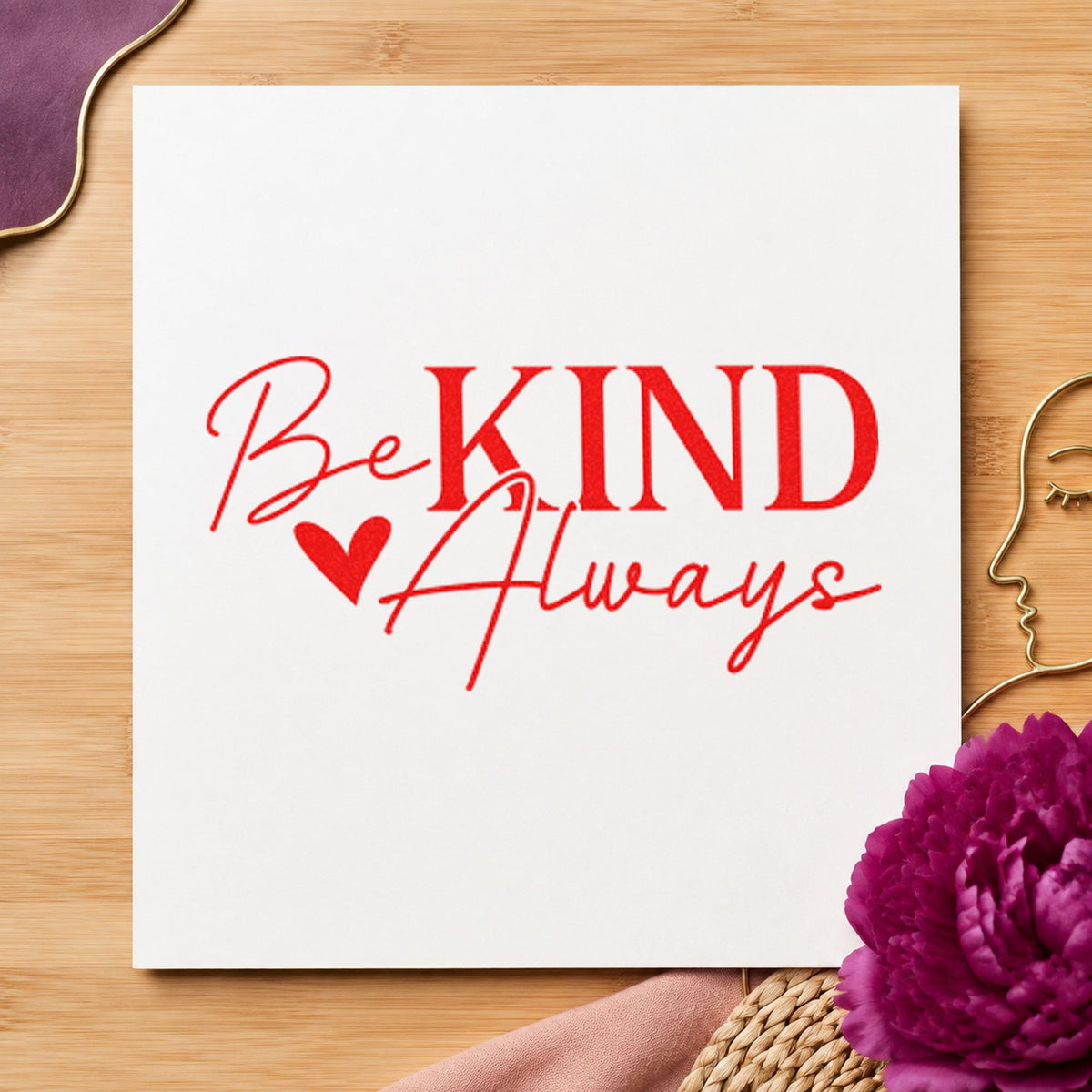Be Kind Always Heart craft stamp imprint in red ink on a handmade project, one idea being pickup note cards.