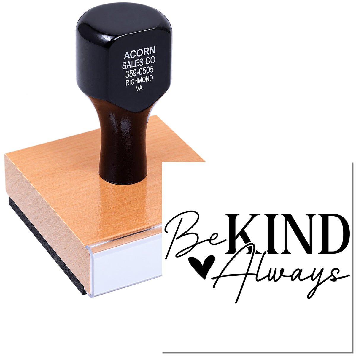 Custom rubber stamp with Be Kind Always design for personalized branding, packaging, and inspirational messages.