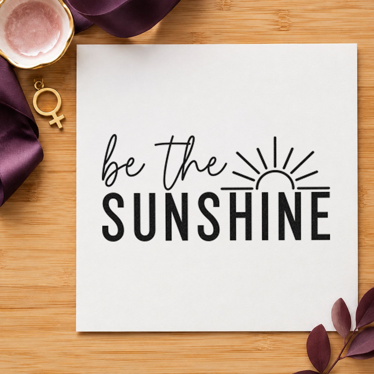 Be The Sunshine Sunrise craft stamp imprint in black ink on a handmade project, one idea being grabber gift tags.