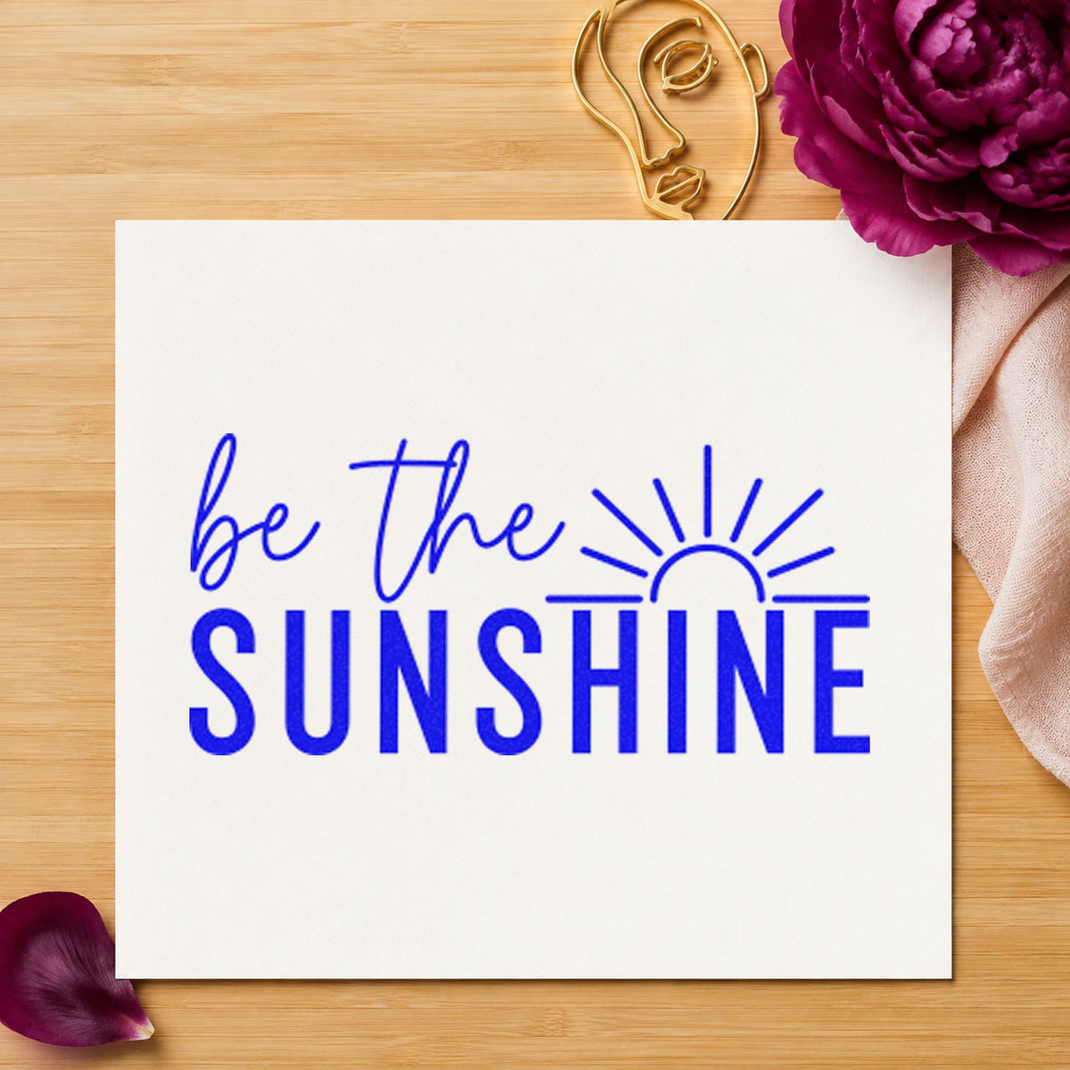 Be The Sunshine Sunrise craft stamp imprinted in blue ink on paper, a design suited to framed beach hut.