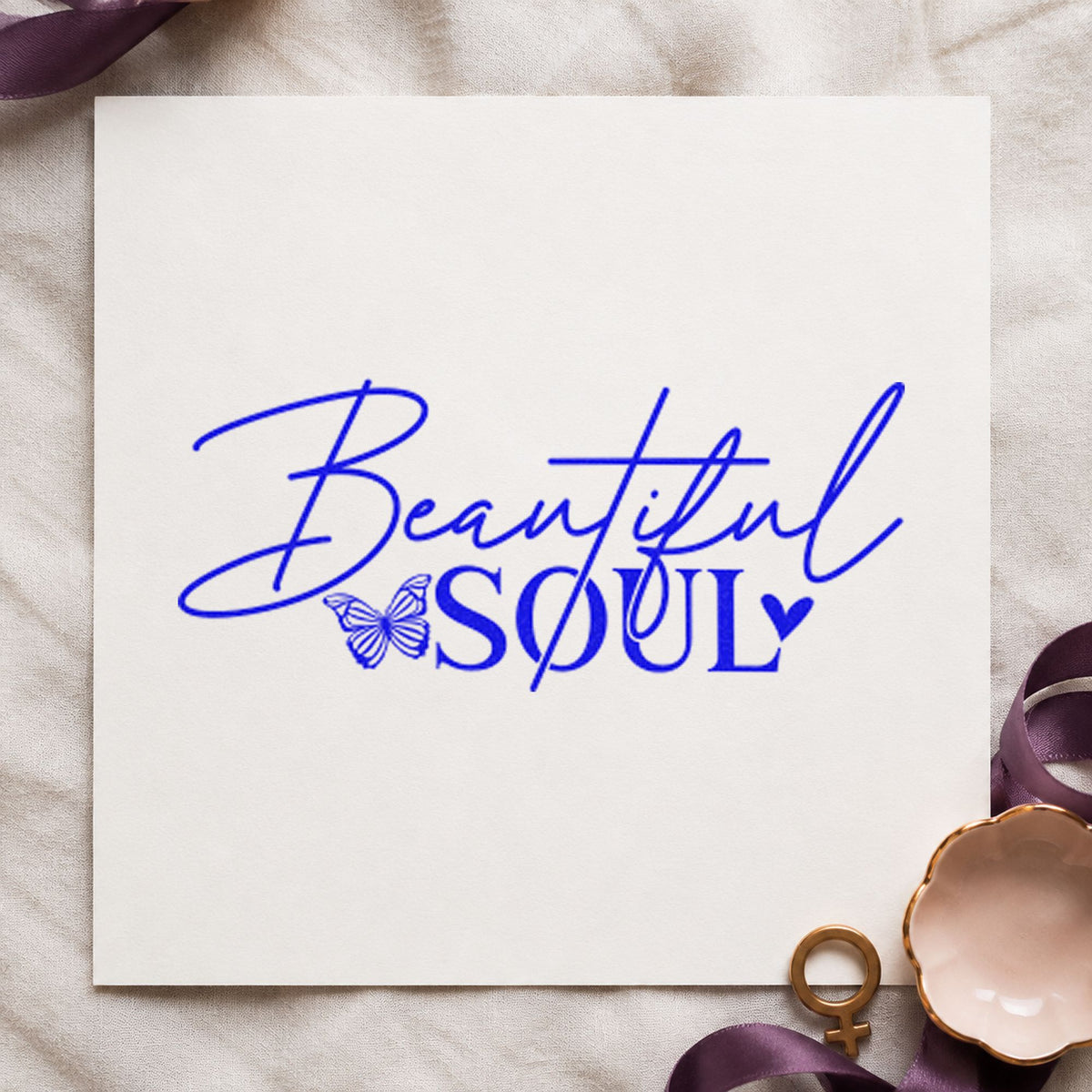 Beautiful Soul Butterfly Lettering craft stamp in blue ink on cardstock, an easy option for table cloth printing.