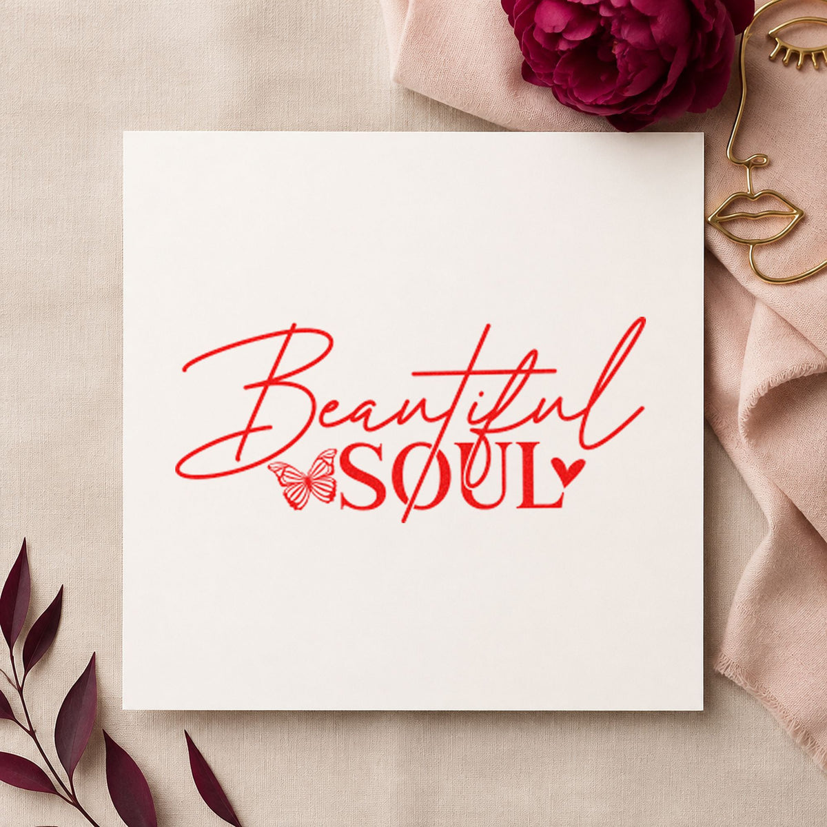 Beautiful Soul Butterfly Lettering craft stamp imprint in red ink on a handmade project, one idea being memory slip cards.