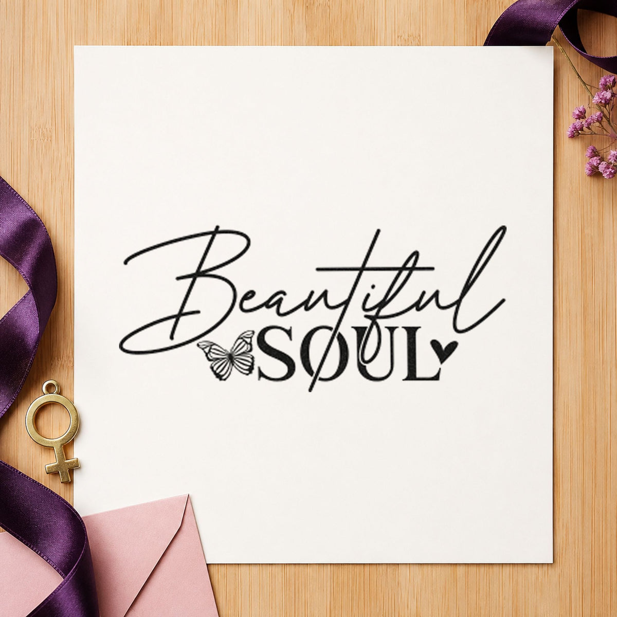 Beautiful Soul Butterfly Lettering rubber stamp printed in black ink, ready for small butterfly cards and similar paper crafts.