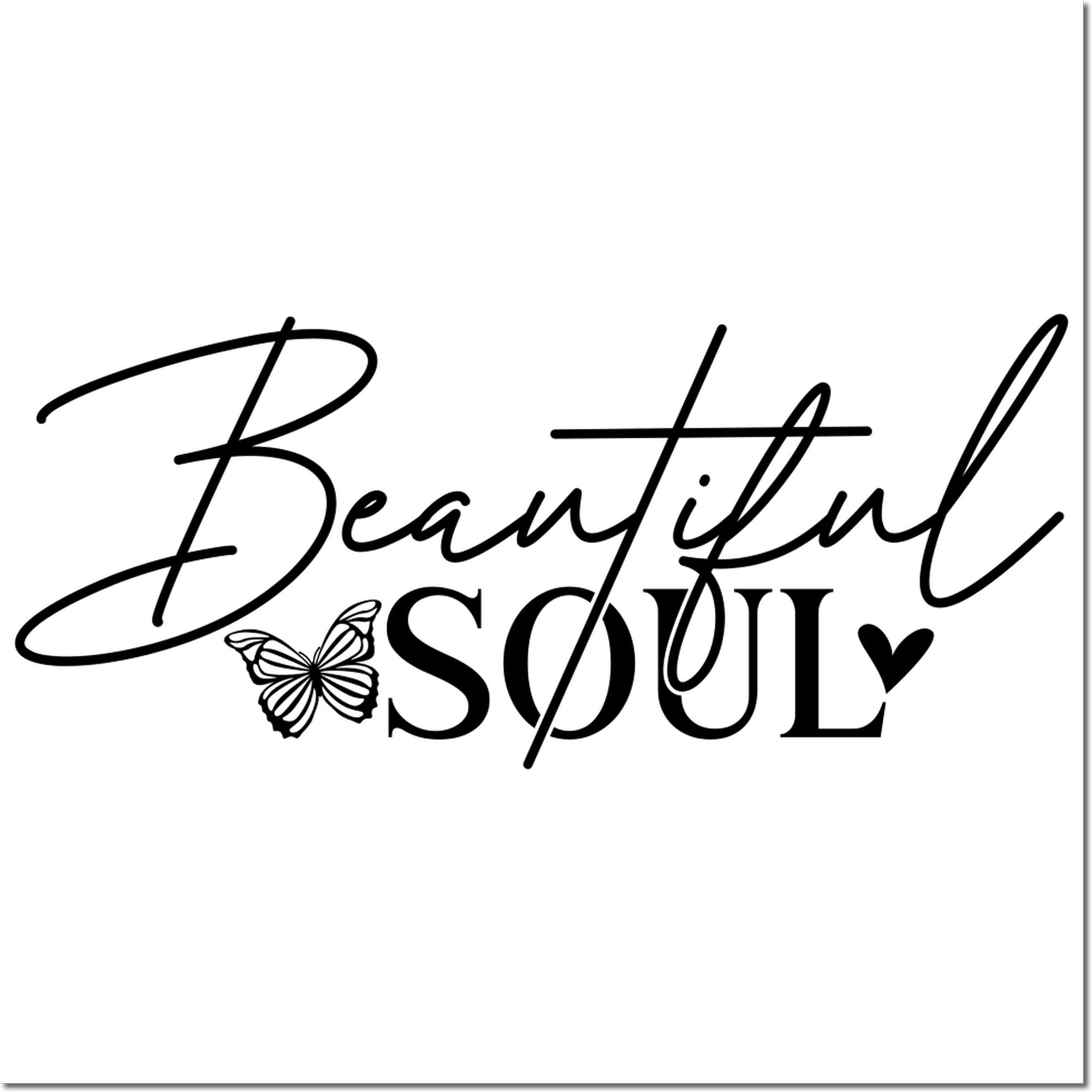 Beautiful Soul butterfly rubber stamp design with elegant script and heart, perfect for custom crafting, gifts, and handmade projects.