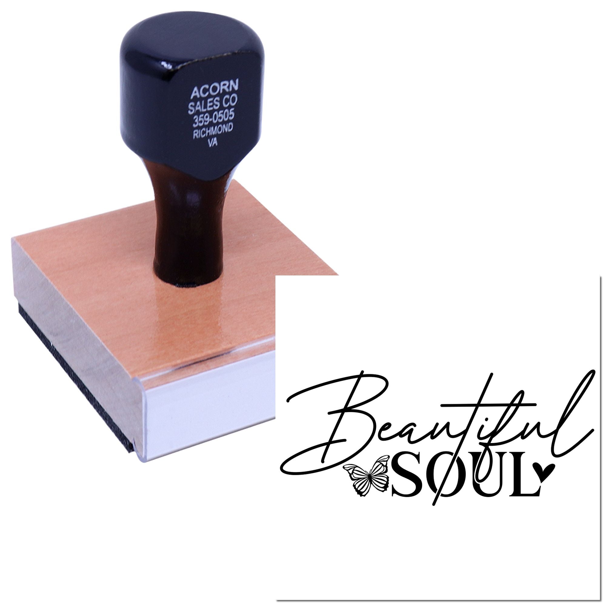 Custom rubber stamp with Beautiful Soul logo for personalized branding and handmade packaging.