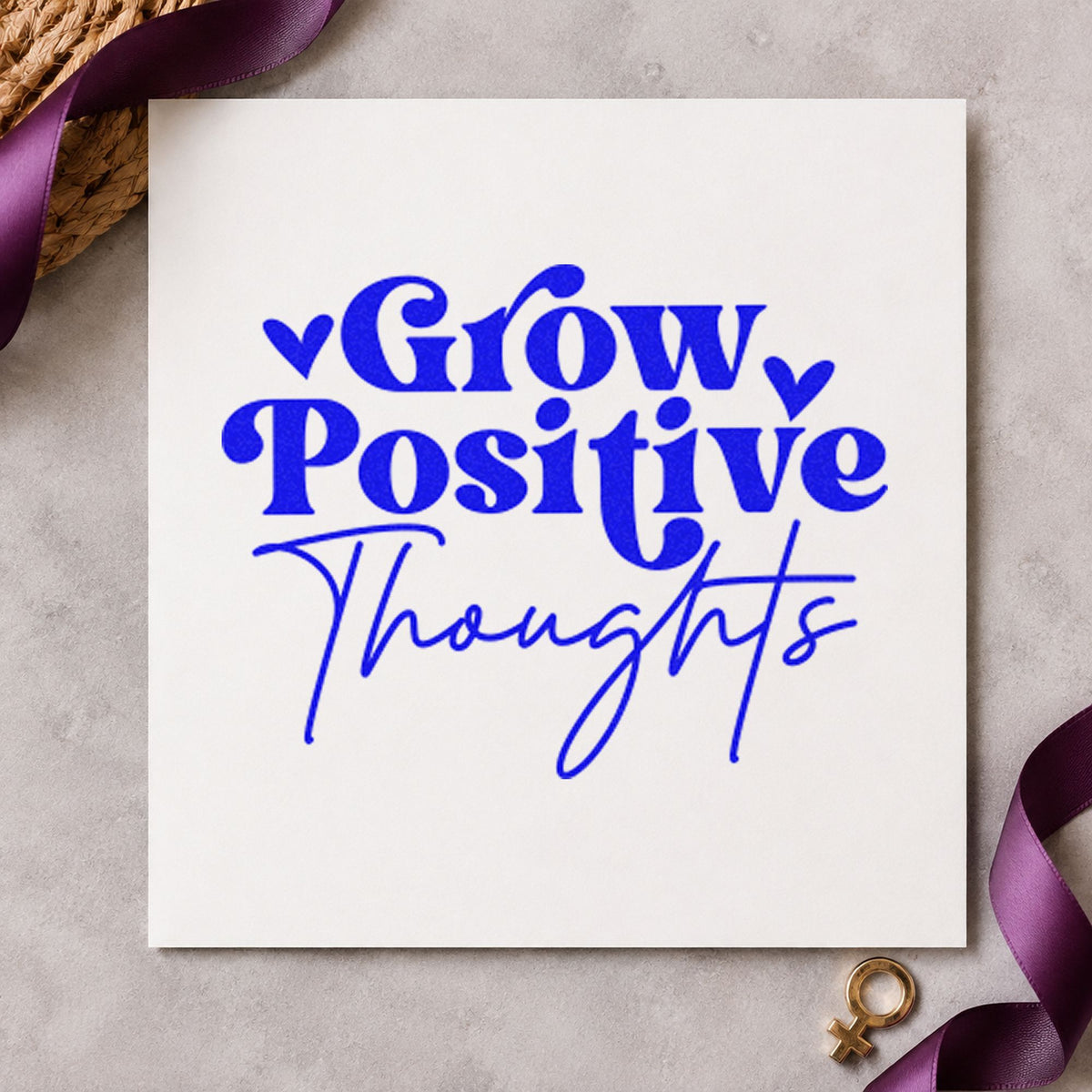 Grow Positive Thoughts Hearts craft stamp in blue ink on cardstock, an easy option for work glove printing.