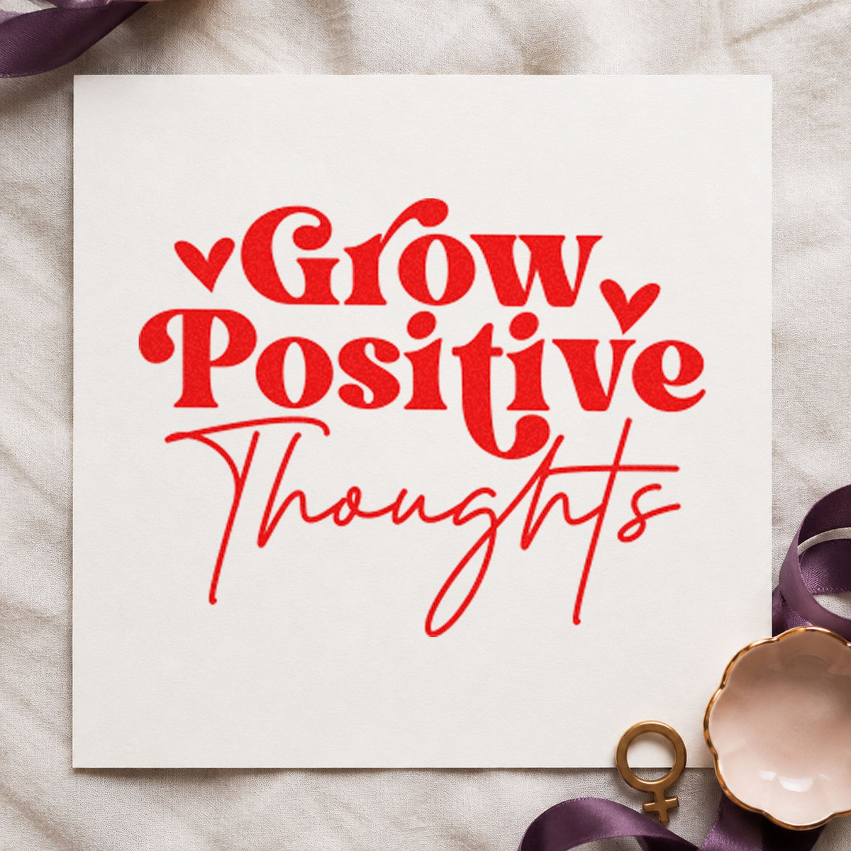 Grow Positive Thoughts Hearts craft stamp imprint in red ink on a handmade project, one idea being swap offer cards.