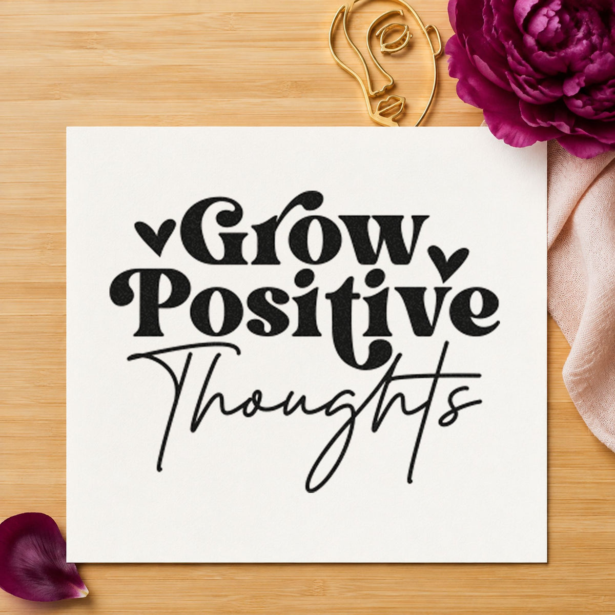 Grow Positive Thoughts Hearts rubber stamp printed in black ink, ready for bold heart cards and similar paper crafts.