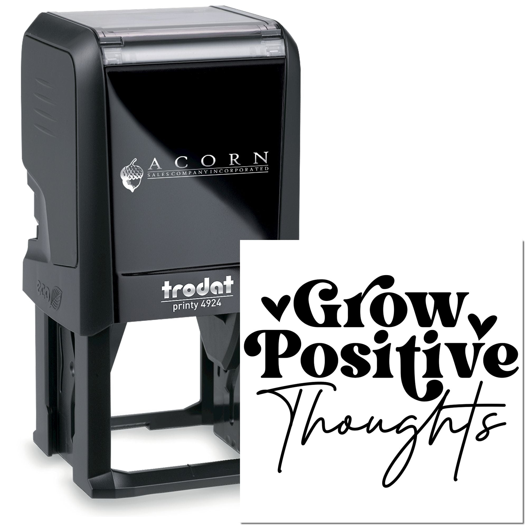 Custom self-inking rubber stamp with Grow Positive Thoughts design for personalized branding and motivational stamping.