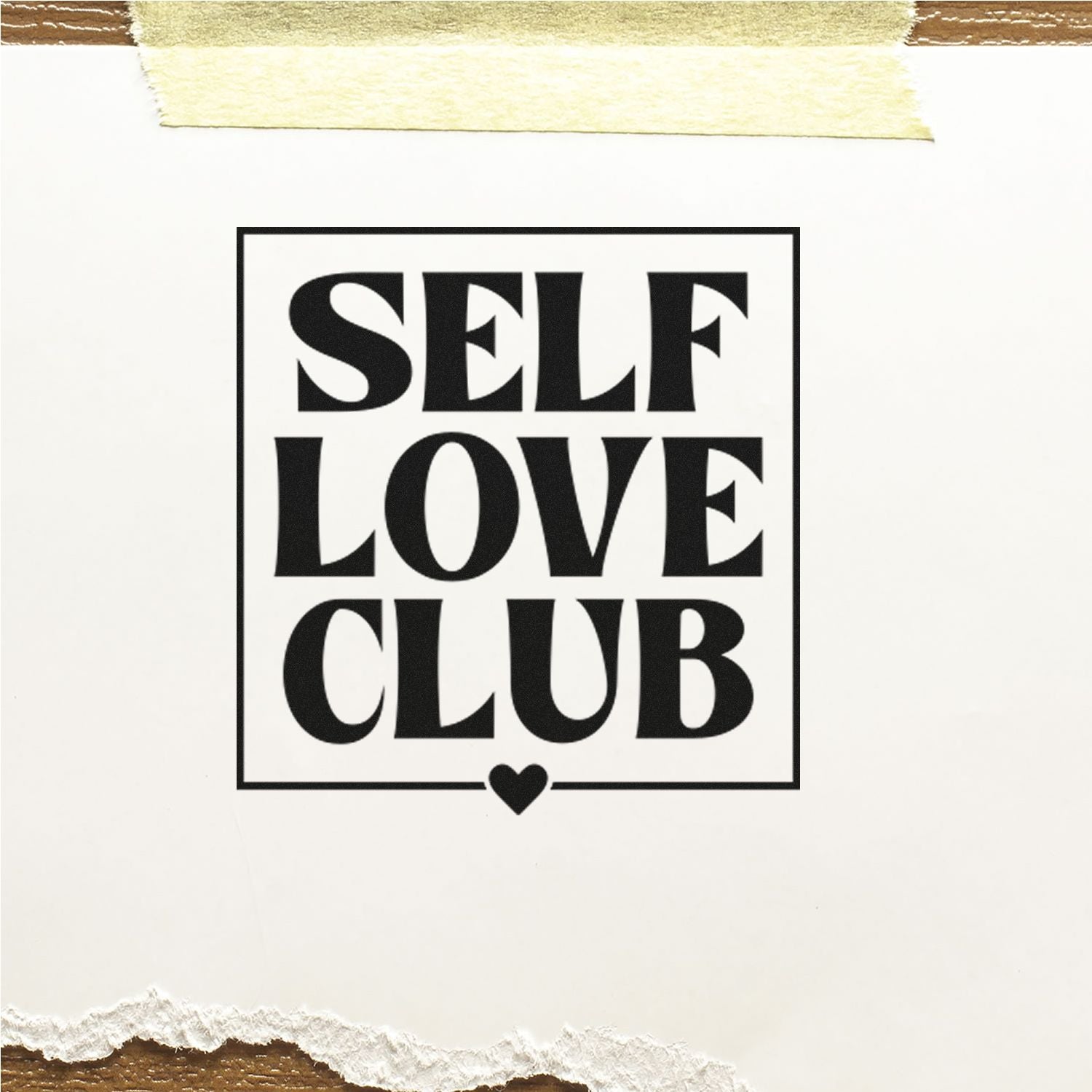 Self Love Club rubber stamp design with heart icon for journaling, scrapbooking, and empowering handmade crafts.