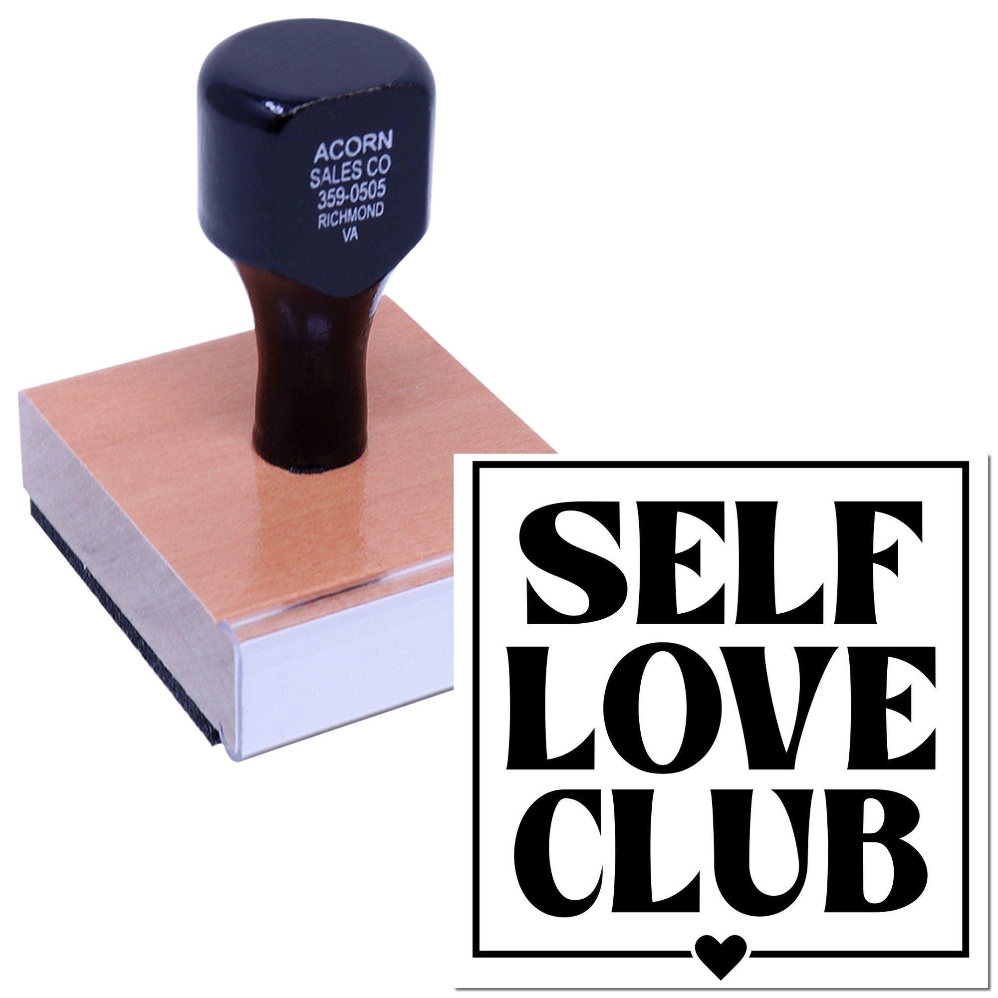 Self Love Club rubber stamp with bold custom design for DIY crafts, branding, and personalized stationery.