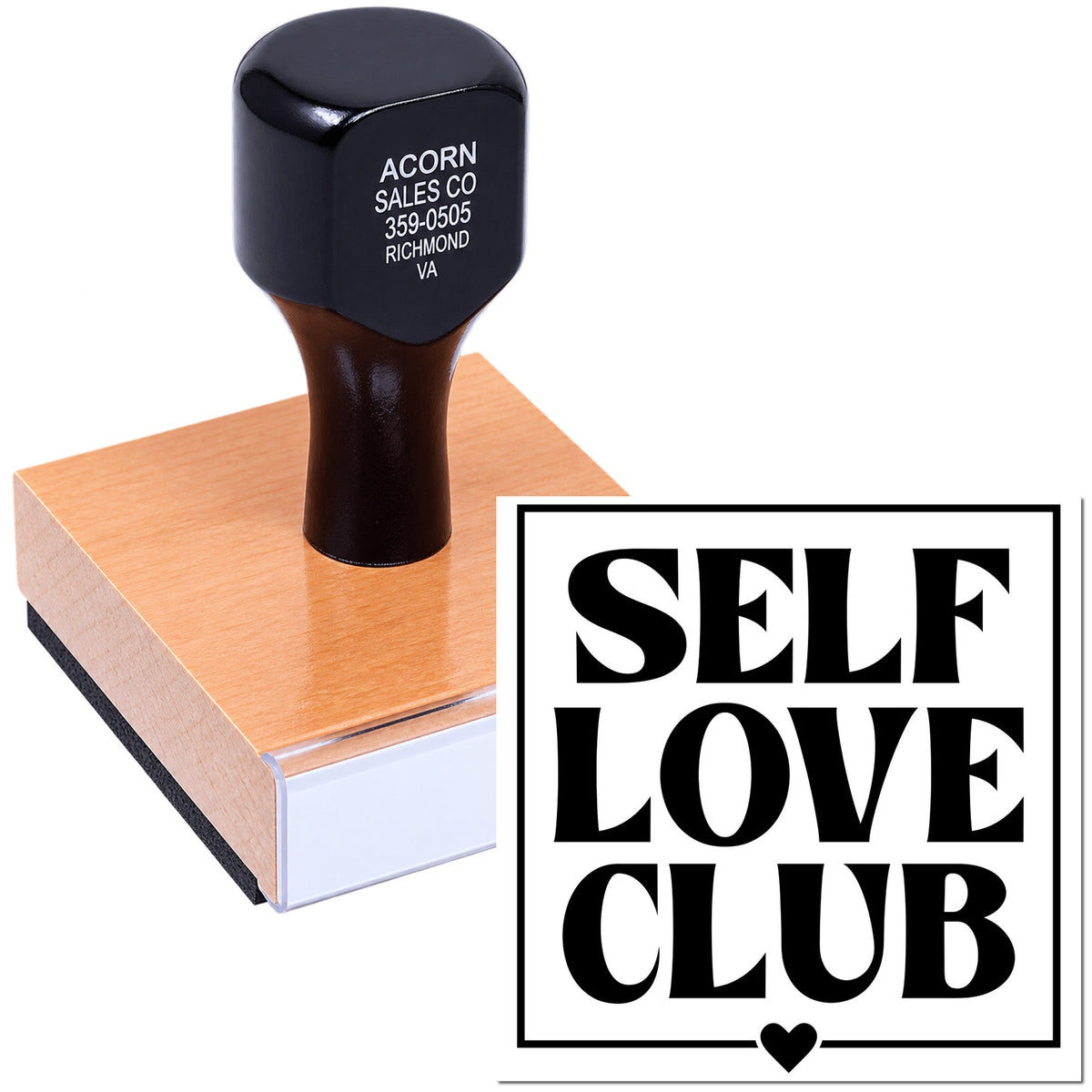 Self Love Club rubber stamp with bold custom design for DIY crafts, branding, and personalized stationery.