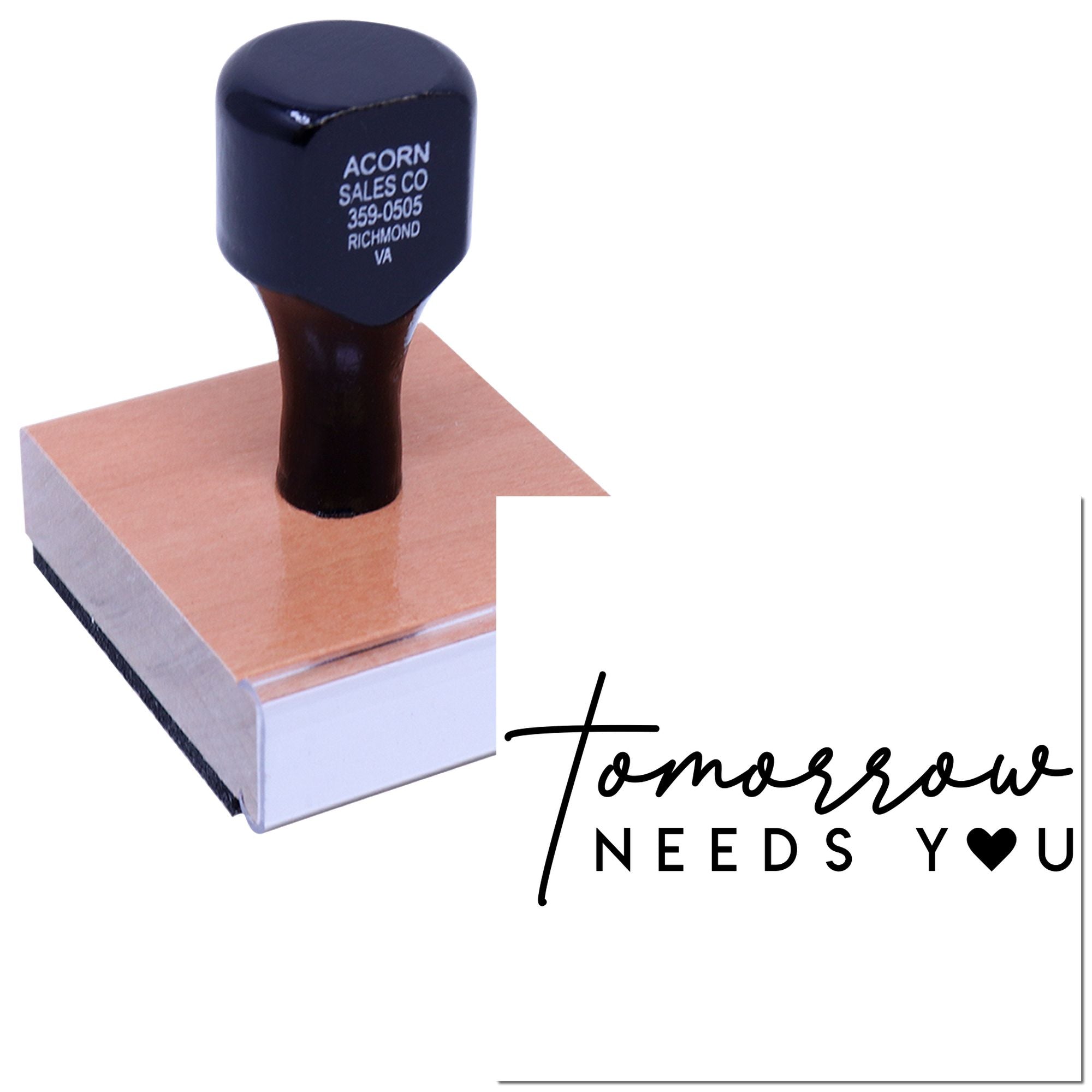 Custom rubber stamp with Tomorrow Needs You design for branding, packaging, and promotional materials.