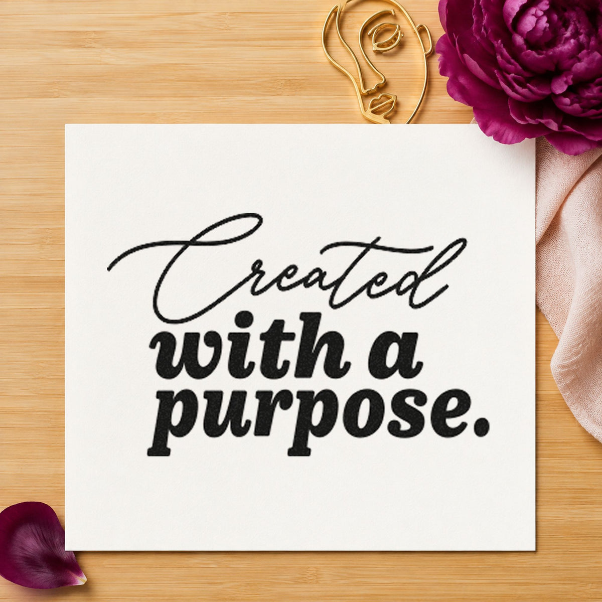 Created With A Purpose craft stamp in black ink on cardstock, an easy option for commission album page.