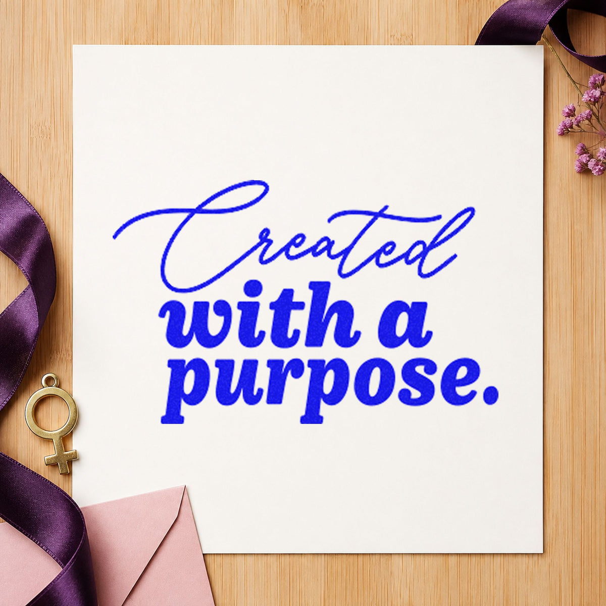 Created With A Purpose craft stamp in blue ink on cardstock, an easy option for bench apron printing.