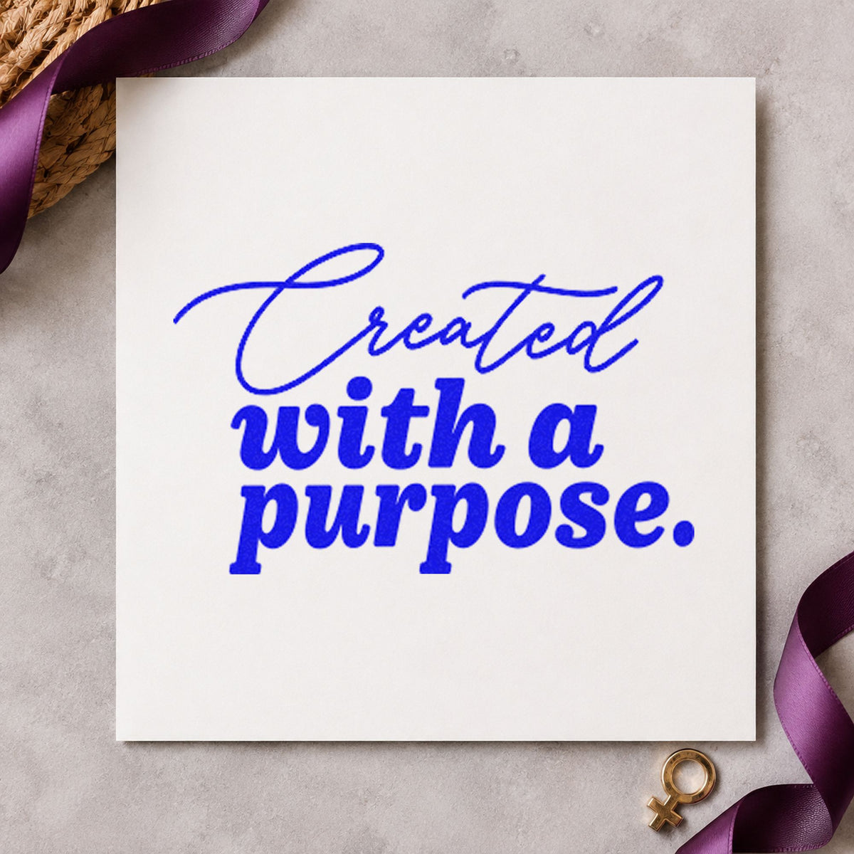 Created With A Purpose craft stamp imprinted in blue ink on paper, a design suited to framed shop wall.