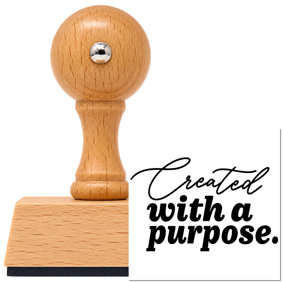 Created With A Purpose Script Lettering Vintage Pro rubber stamp in European beech wood with a round knob handle, shown beside its black imprint.