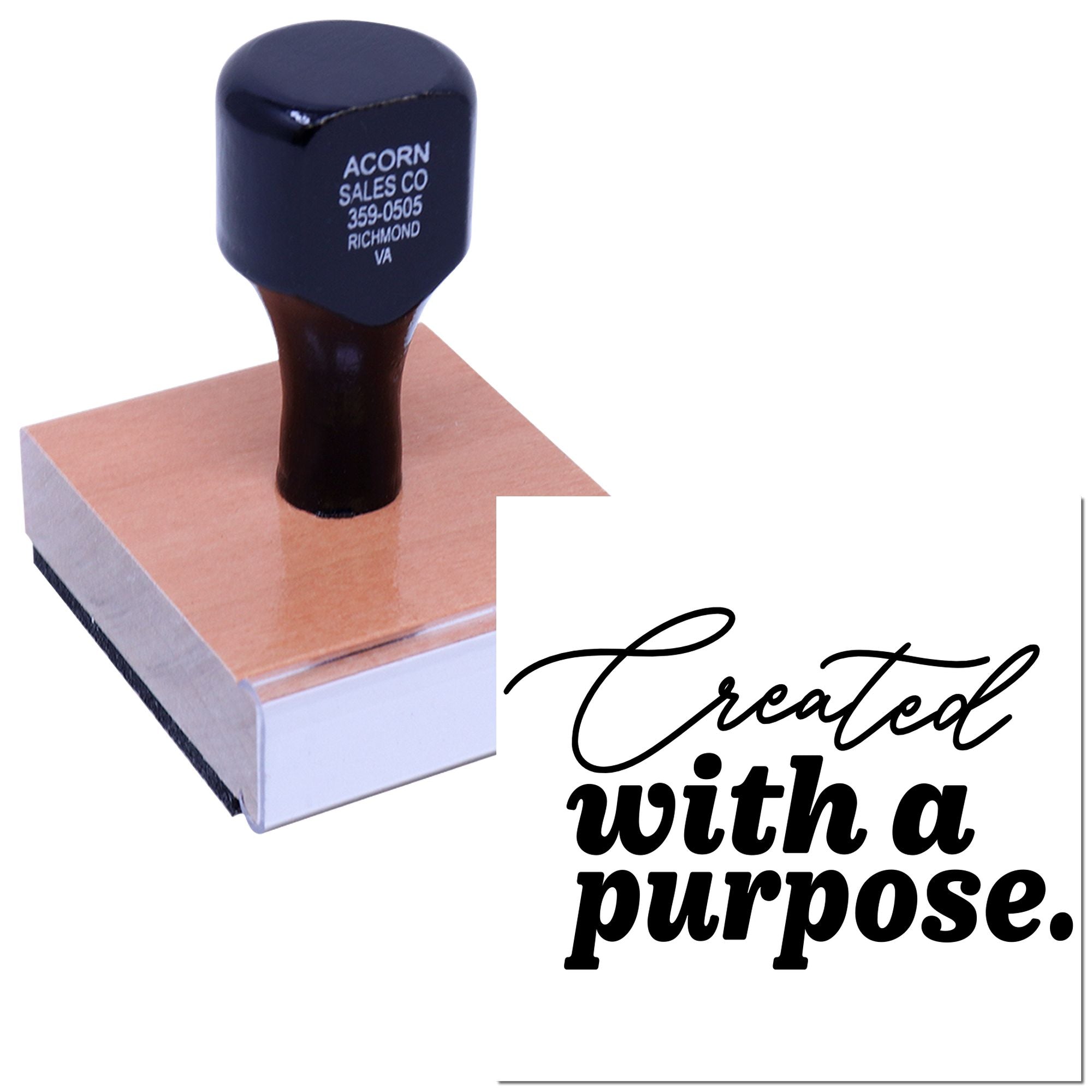Custom rubber stamp with Created with a purpose design for branding, packaging, and inspirational business use