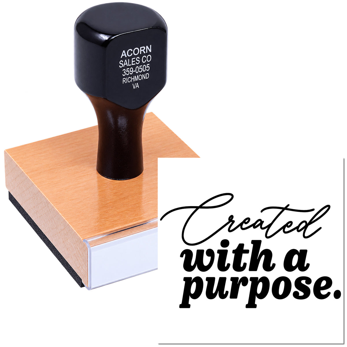 Custom rubber stamp with Created with a purpose design for branding, packaging, and inspirational business use