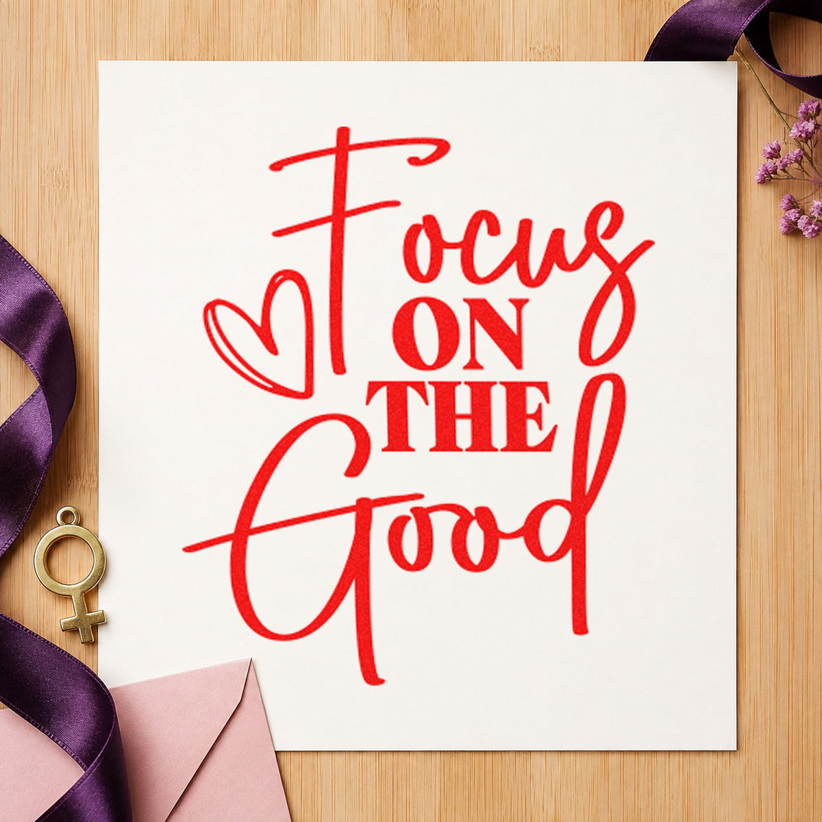 Focus On The Good craft stamp imprint in red ink on a handmade project, one idea being verse note cards.