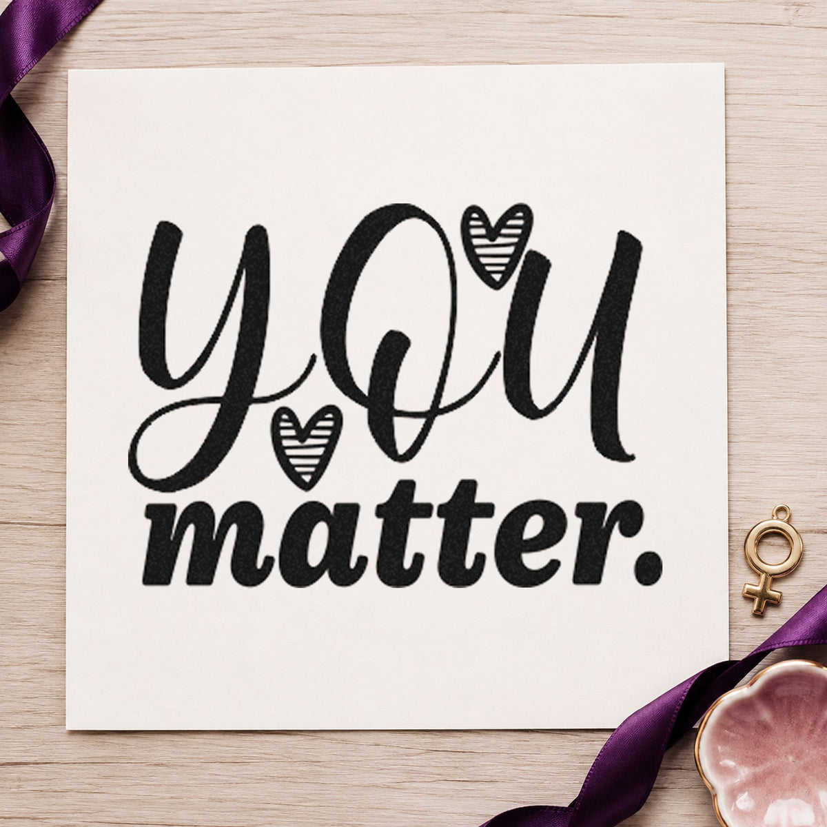 You Matter Striped Hearts craft stamp imprint in black ink on a handmade project, one idea being retreat bag gift tags.