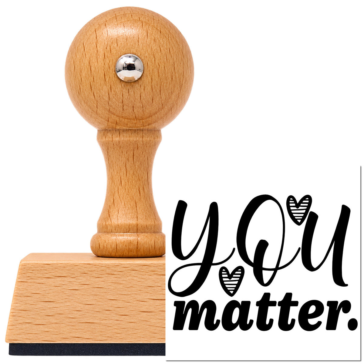 You Matter Striped Hearts Lettering Vintage Pro rubber stamp in European beech wood with a round knob handle, shown beside its black imprint.