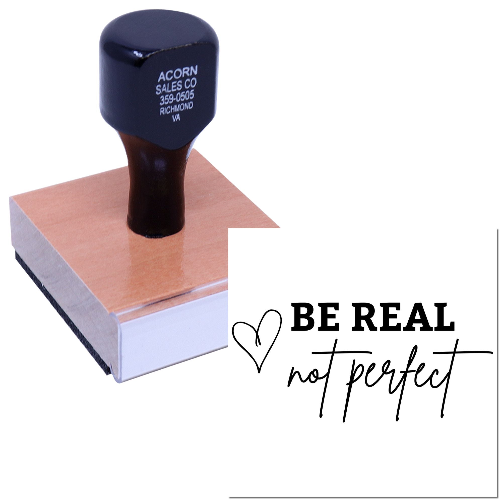 Personalized rubber stamp with Be Real, Not Perfect message for motivational cards, crafts, and stationery.