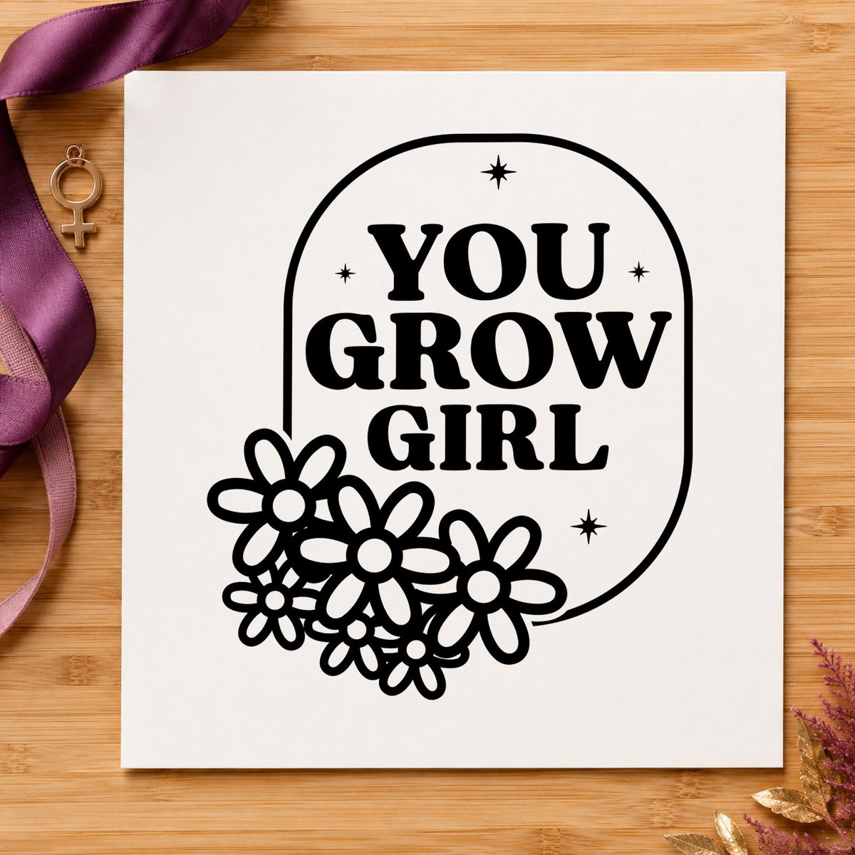You Grow Girl Flowers rubber stamp printed in black ink, ready for sale tally sheet and similar paper crafts.