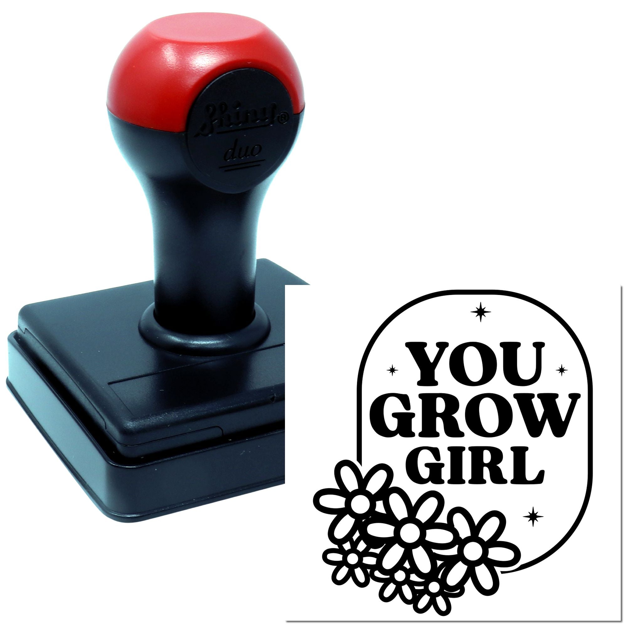 Self-inking rubber stamp with You Grow Girl floral design for motivational crafts, planners, and personalized stamping.