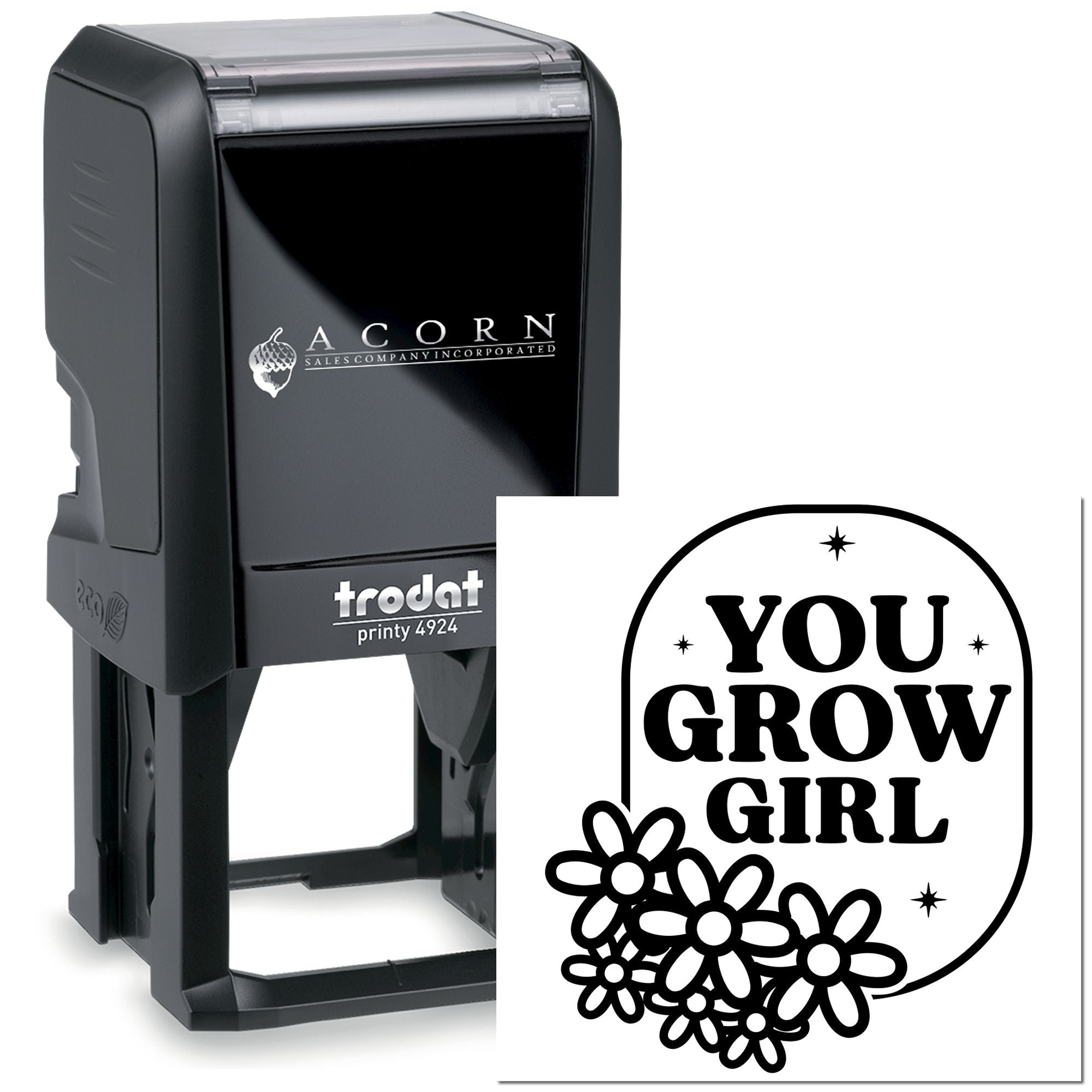 Trodat self-inking rubber stamp with custom You Grow Girl floral design for personalized motivational stamping.