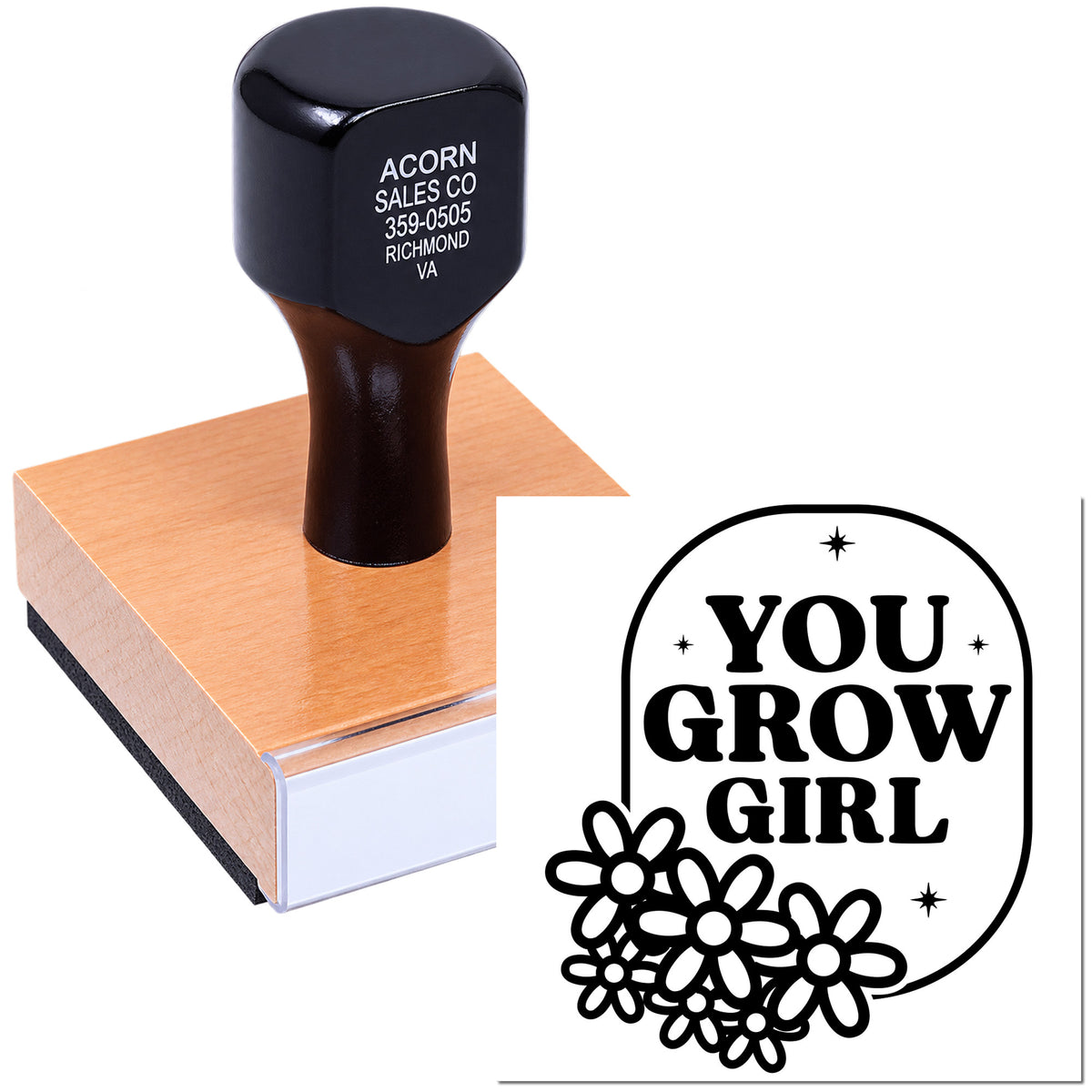 Custom rubber stamp with You Grow Girl floral design for DIY crafts, packaging, and feminine branding.