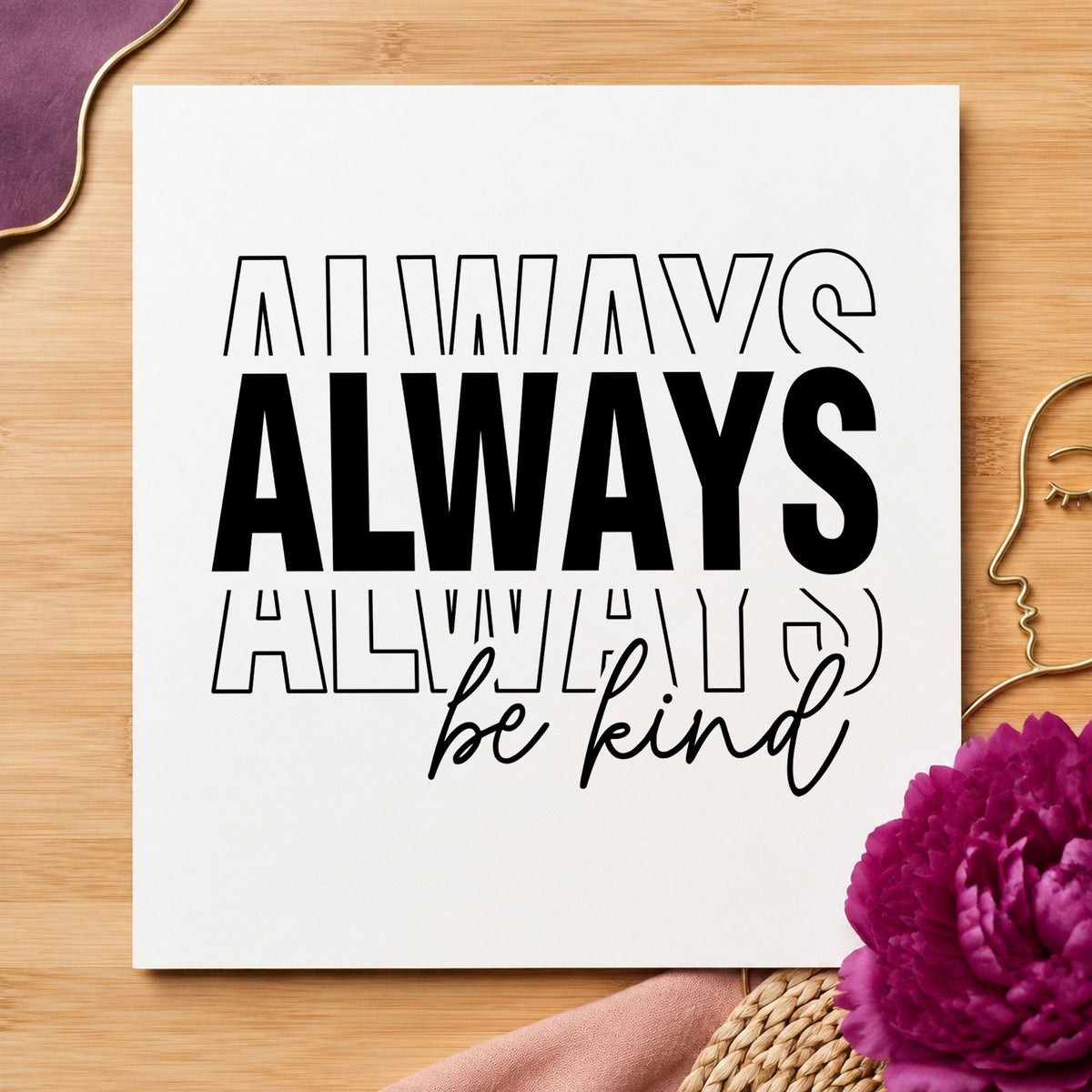 Always Be Kind Lettering craft stamp imprint in black ink on a handmade project, one idea being run crate gift tags.