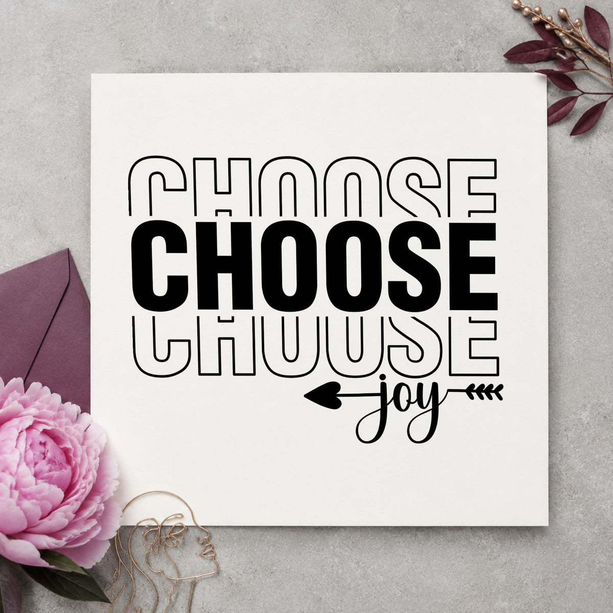Choose Joy Repeated Lettering craft stamp imprint in black ink on a handmade project, one idea being advent gift tags.