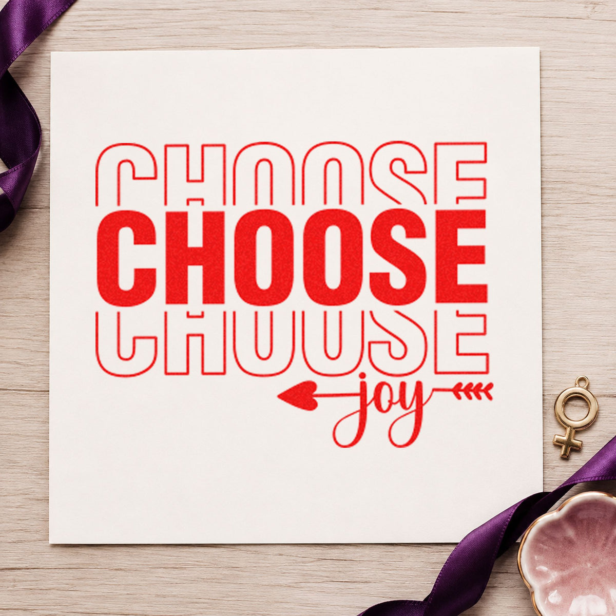 Choose Joy Repeated Lettering rubber stamp shown in red ink, stamped for projects such as bin ornament labels.