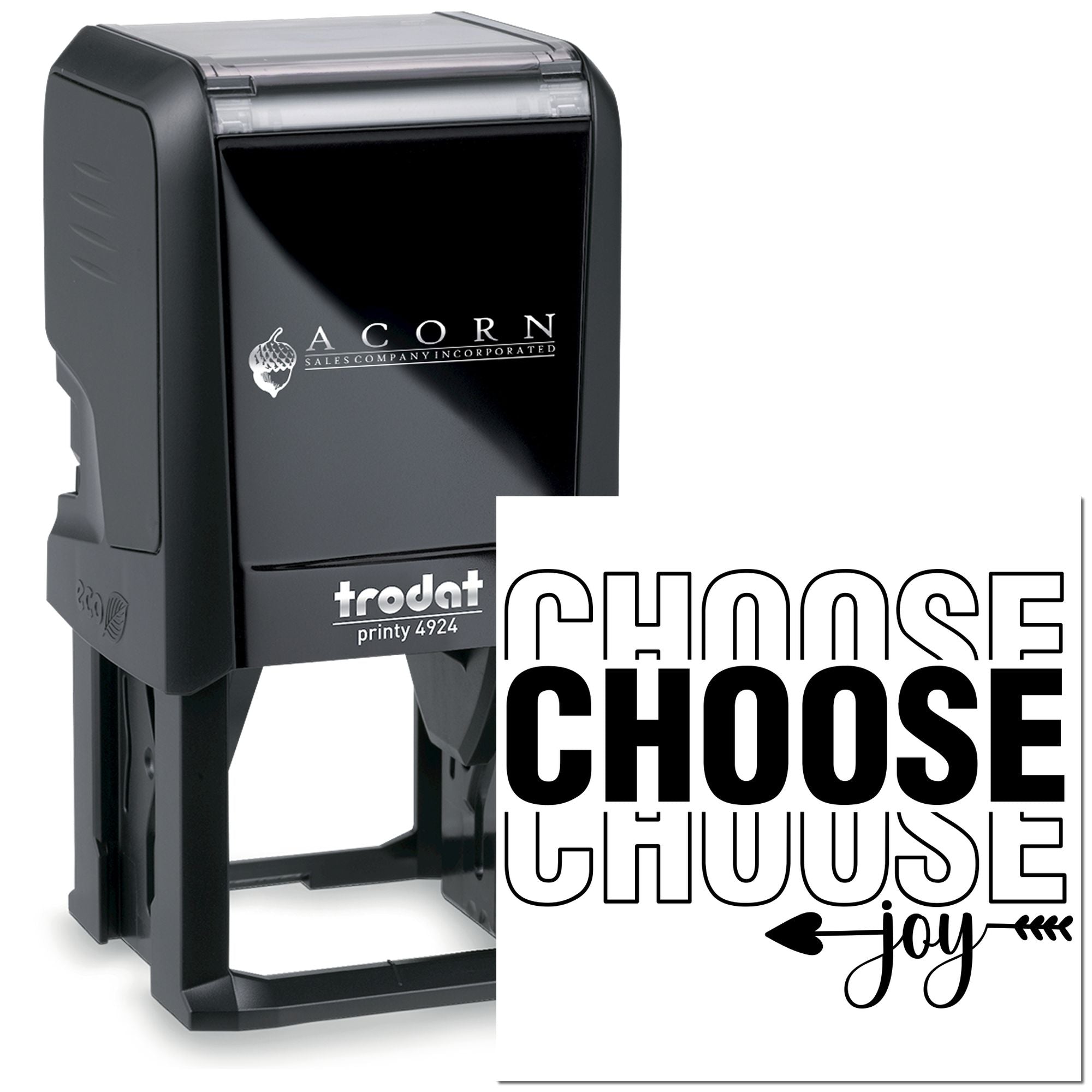 Custom Trodat self-inking rubber stamp with Choose Joy design for crafting, branding, and personalized marking.